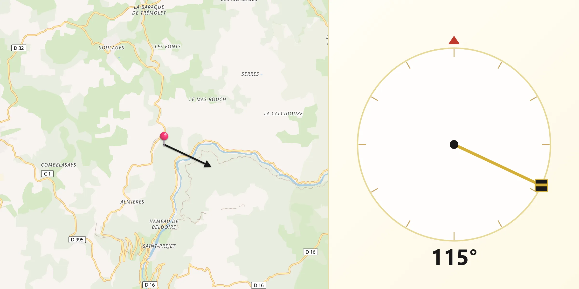 Direction vers la Qibla depuis La Malène