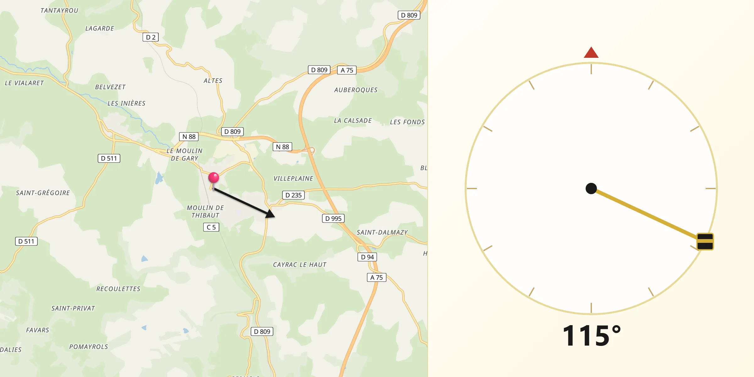 Direction vers la Qibla depuis Sévérac-le-Château