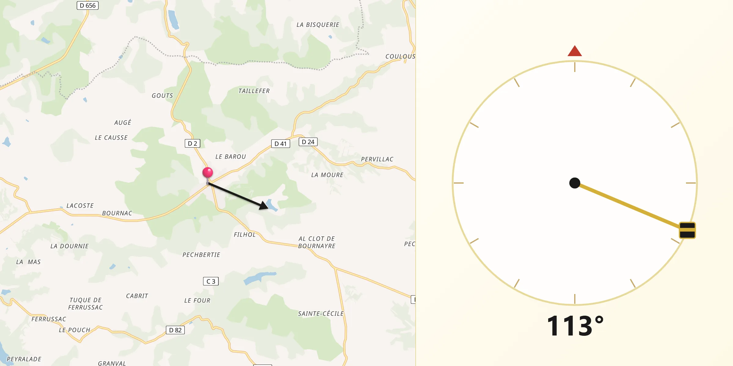 Direction vers la Qibla depuis Montaigu-de-Quercy