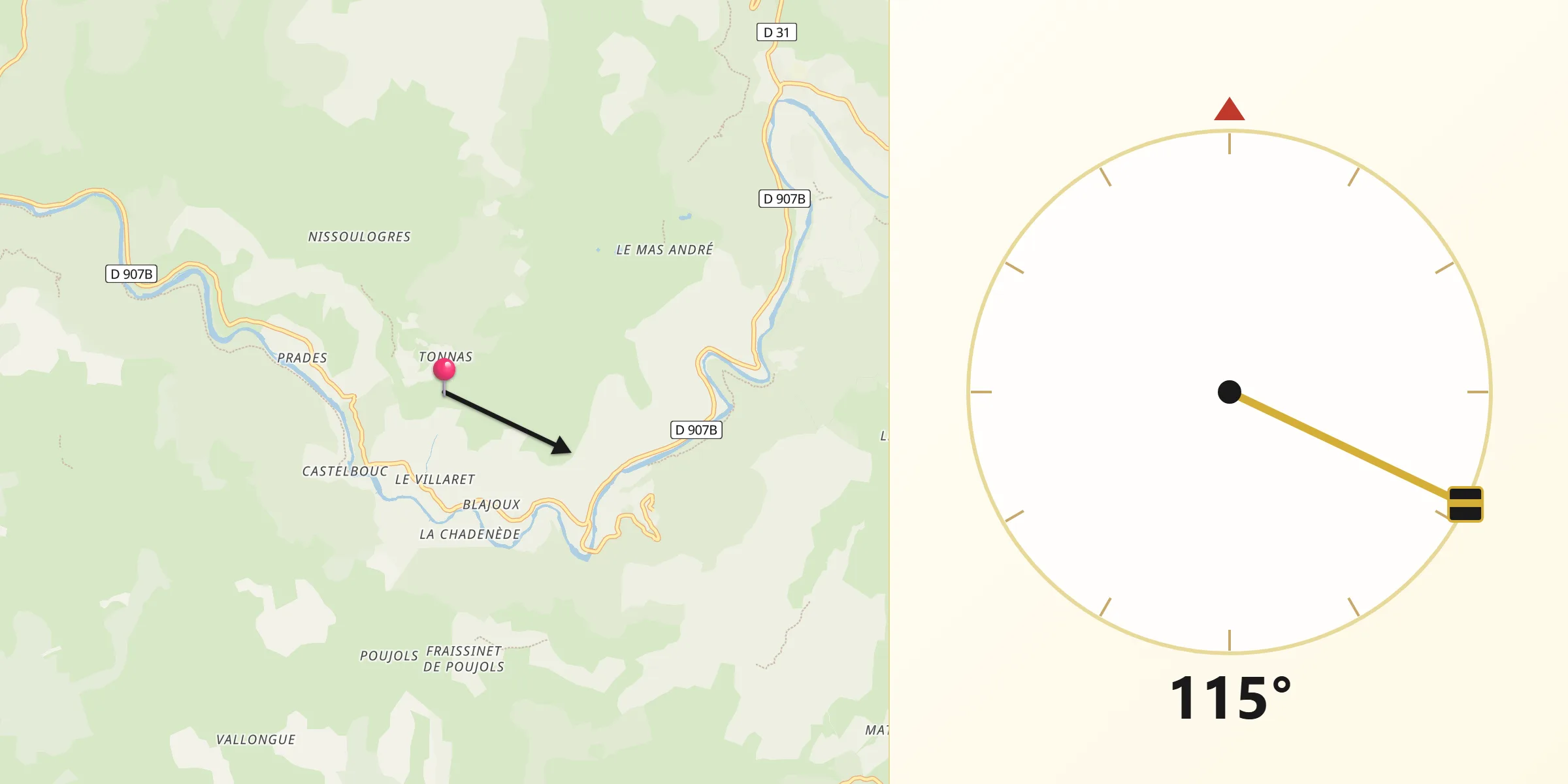 Direction vers la Qibla depuis Bédouès-Cocurès
