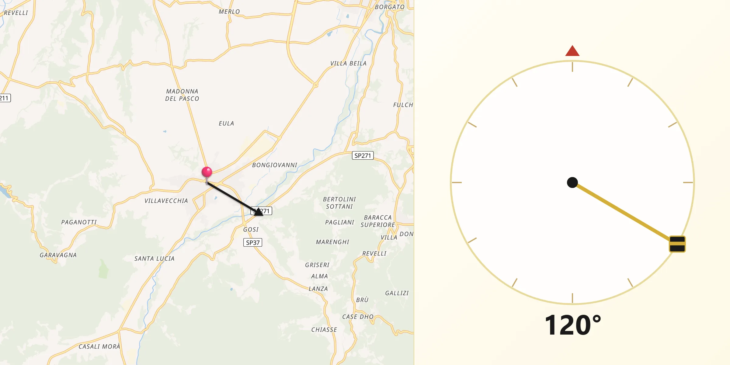 Direzione della Qibla da Villanova Mondovì