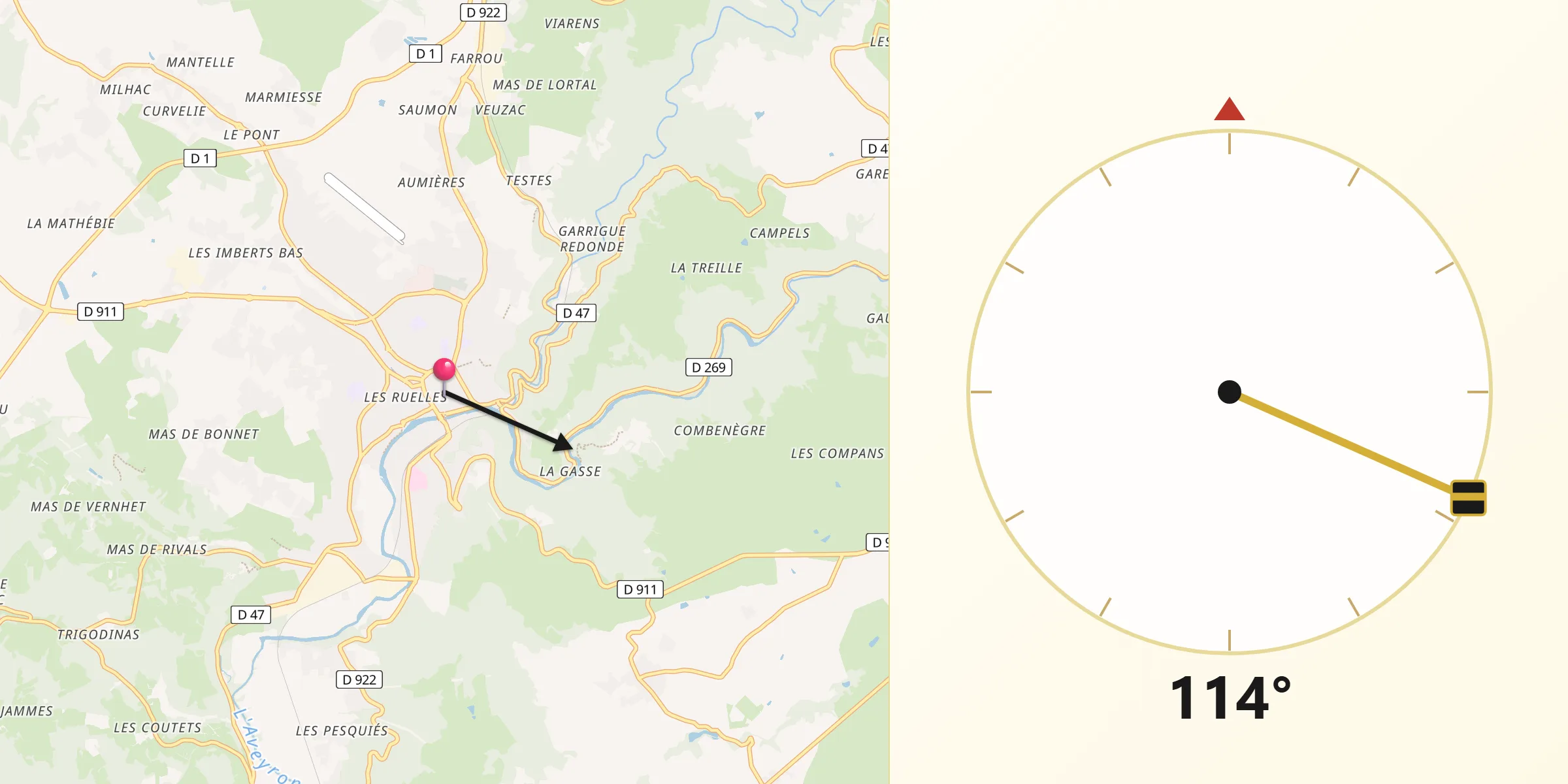 Direction vers la Qibla depuis Villefranche-de-Rouergue