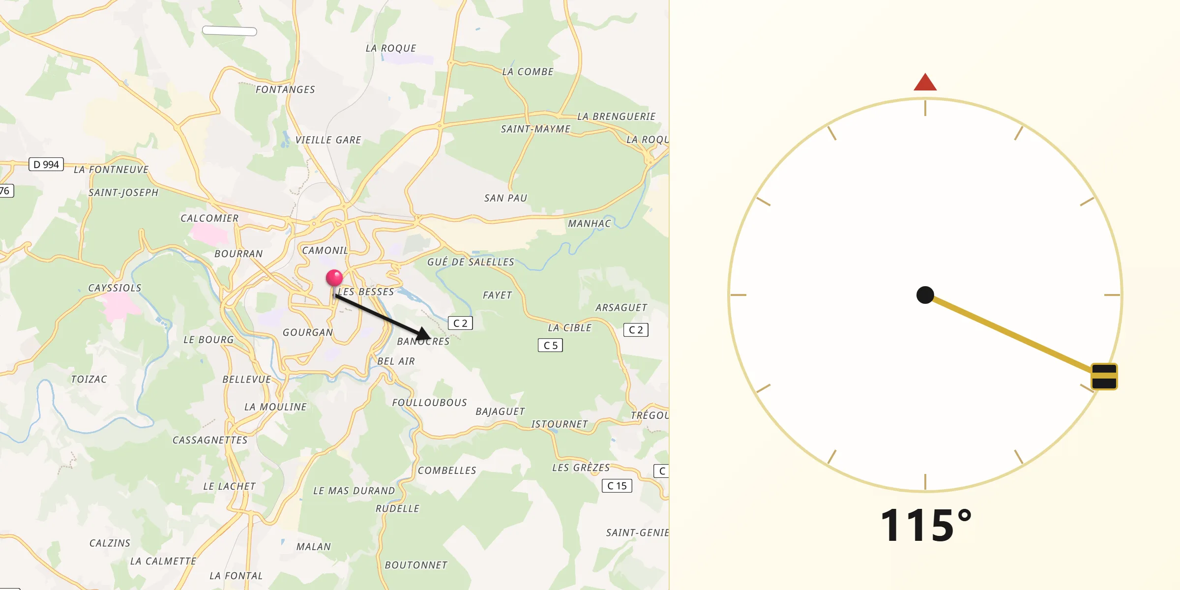 Direction vers la Qibla depuis Rodez