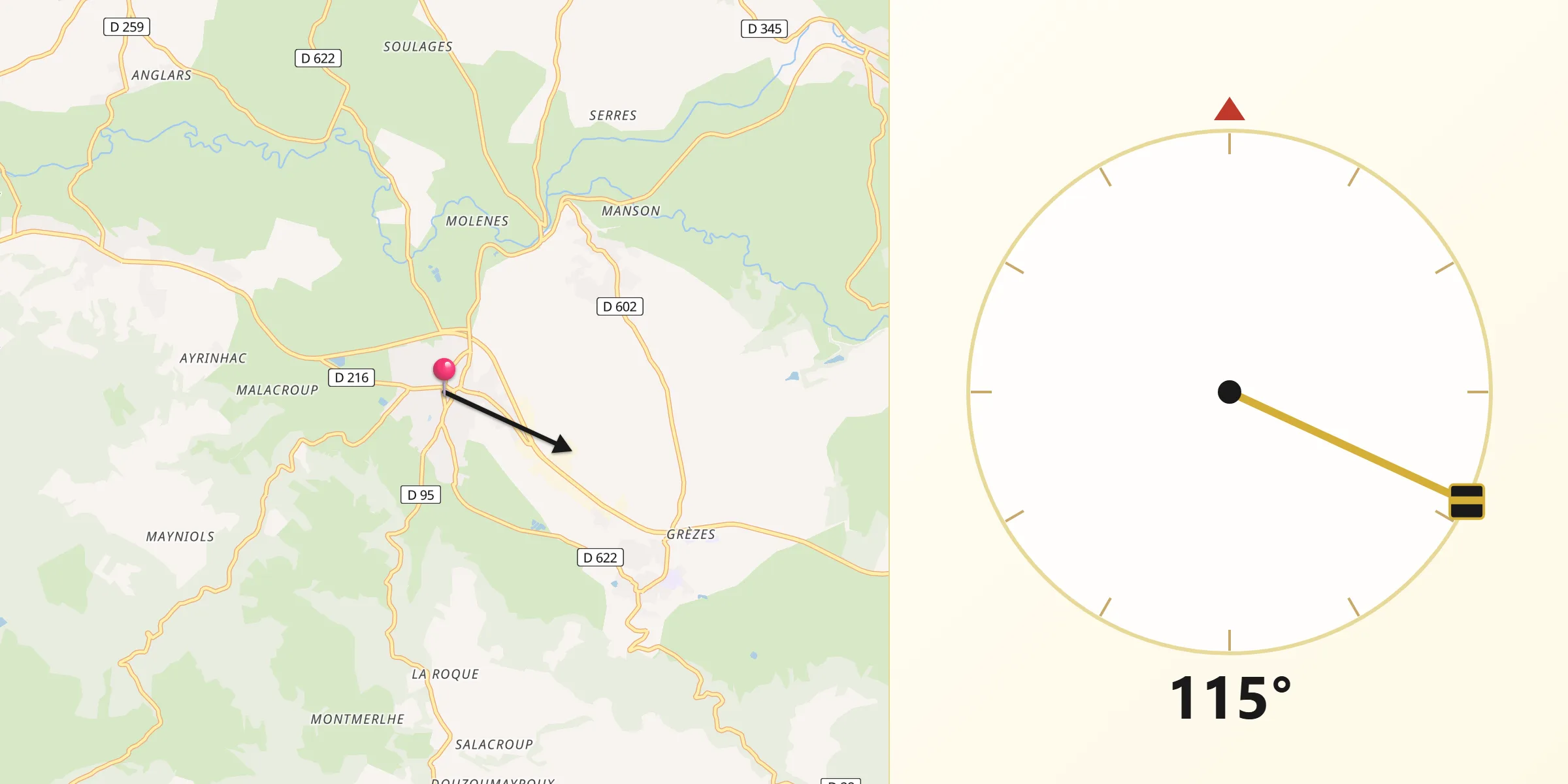 Direction vers la Qibla depuis Laissac