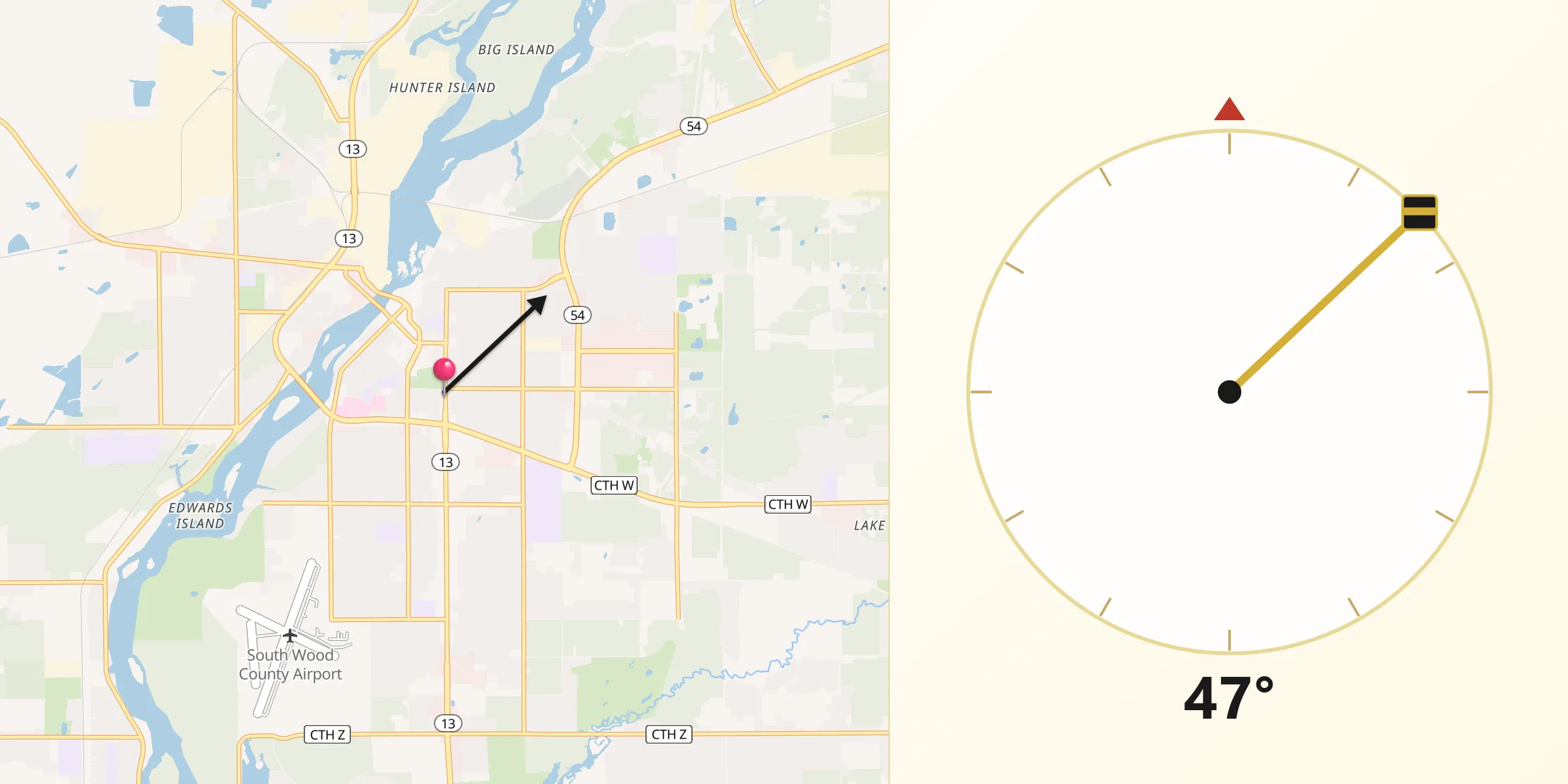 Qibla Direction from Wisconsin Rapids