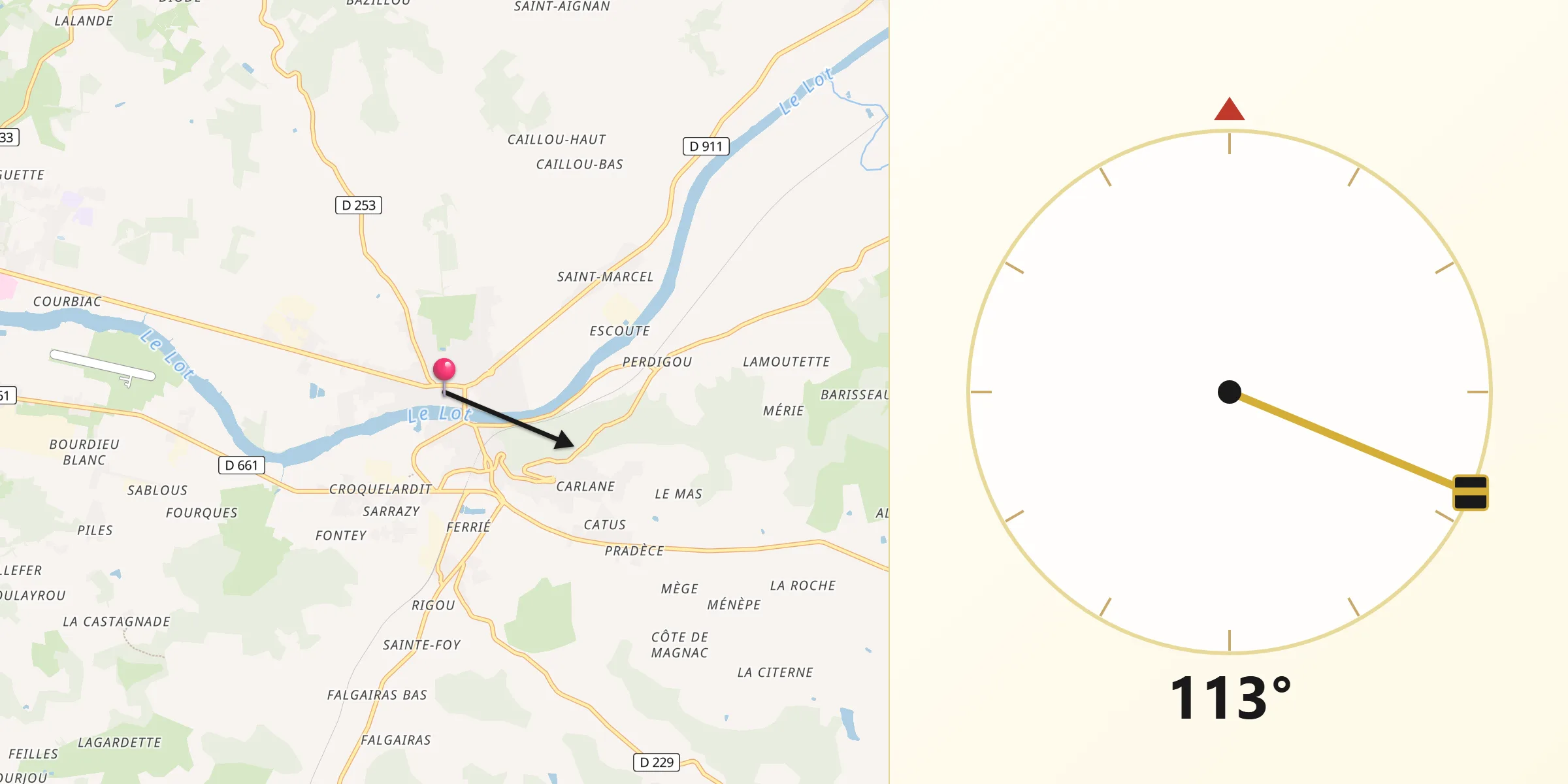 Direction vers la Qibla depuis Saint-Sylvestre-sur-Lot