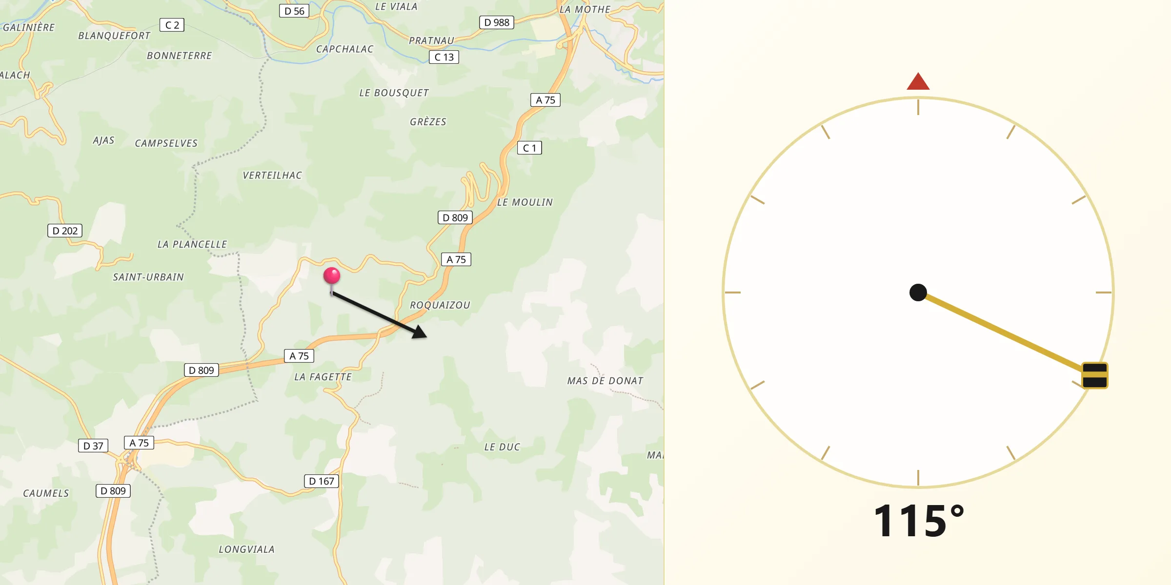 Direction vers la Qibla depuis Saint-Saturnin