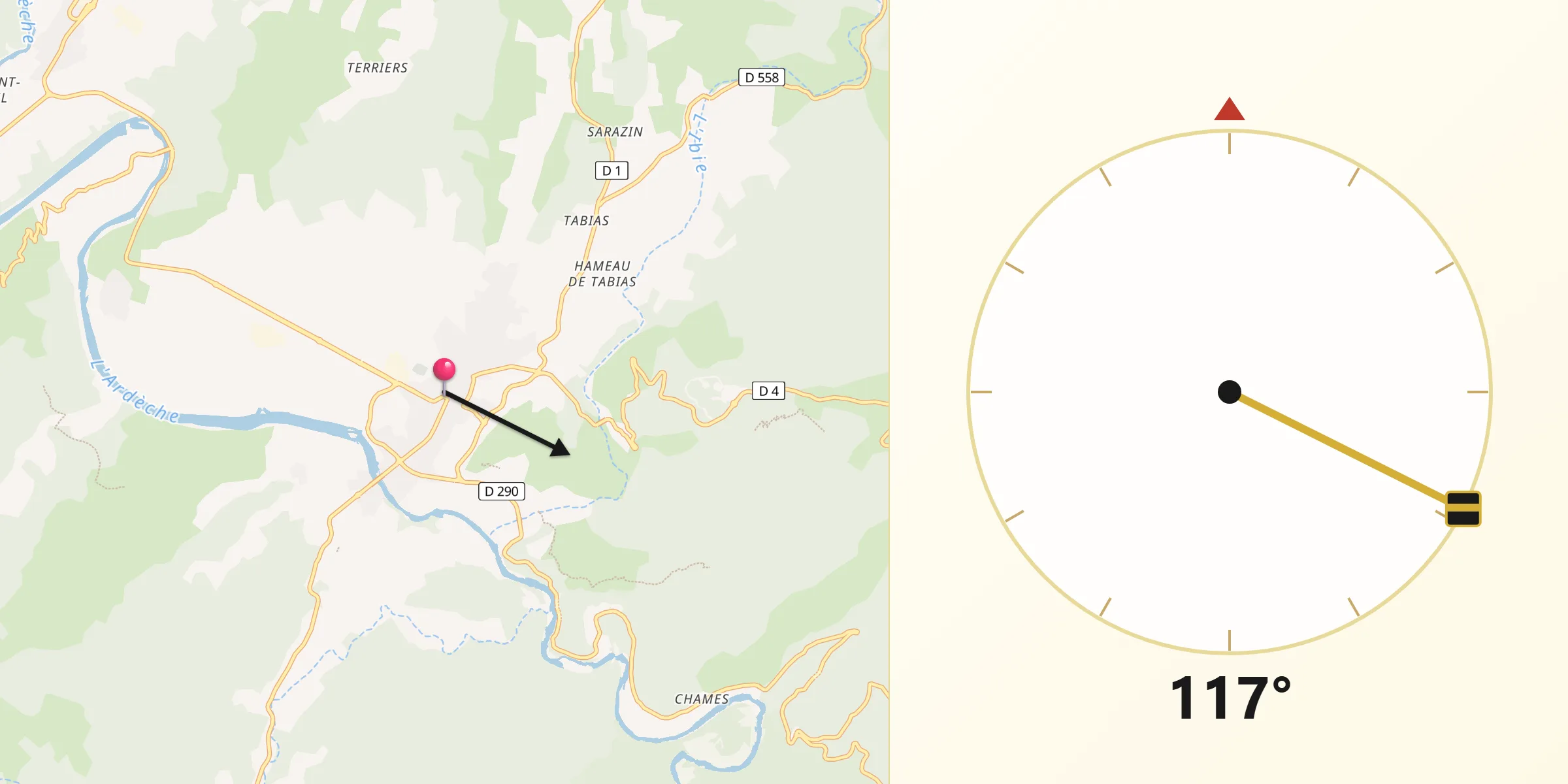 Direction vers la Qibla depuis Vallon-Pont-d’Arc