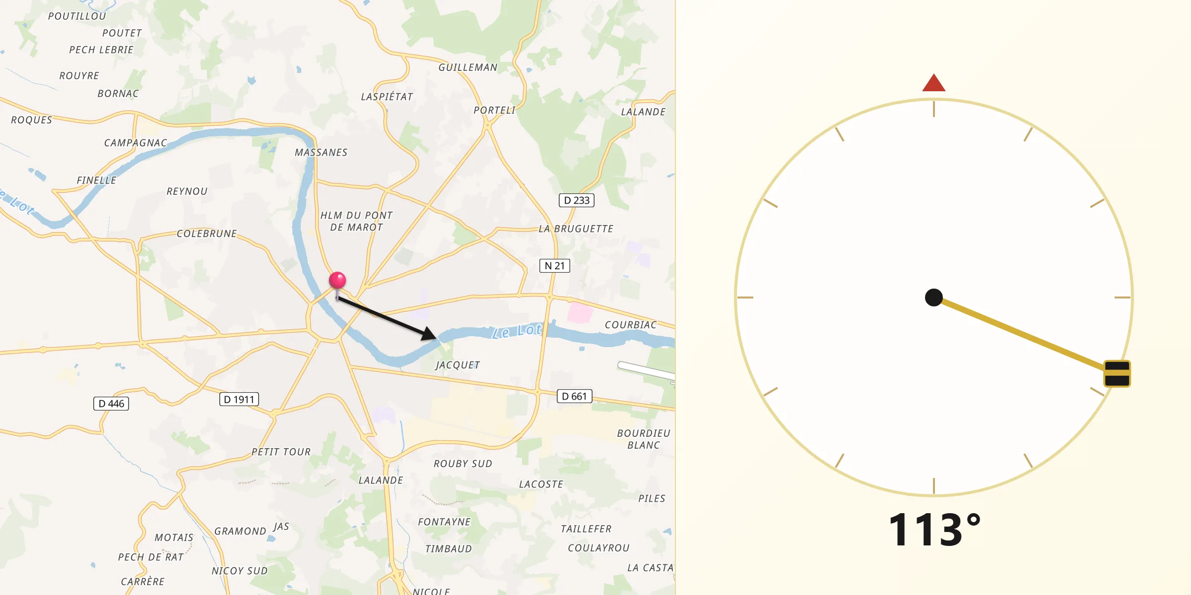 Direction vers la Qibla depuis Villeneuve-sur-Lot