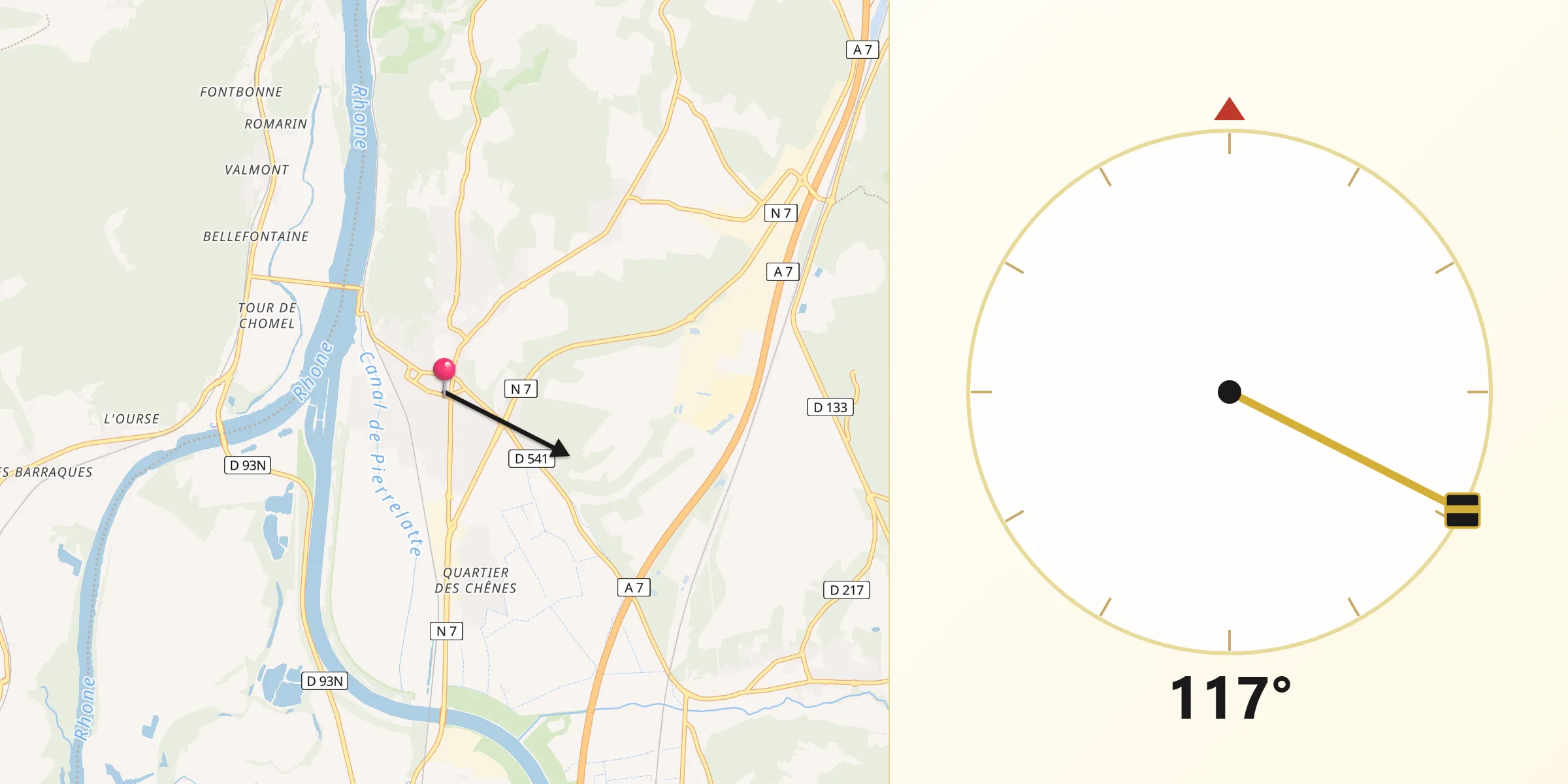 Direction vers la Qibla depuis Donzère