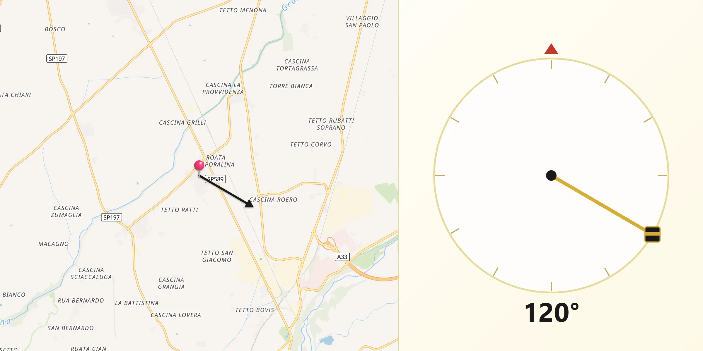 Direzione della Qibla da Roata Rossi
