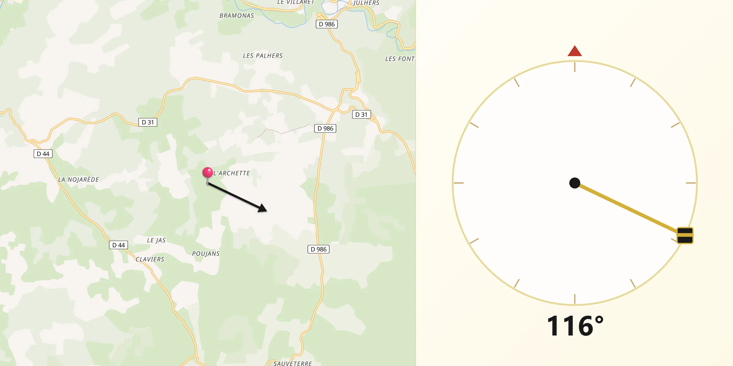 Direction vers la Qibla depuis Saint-Étienne-du-Valdonnez