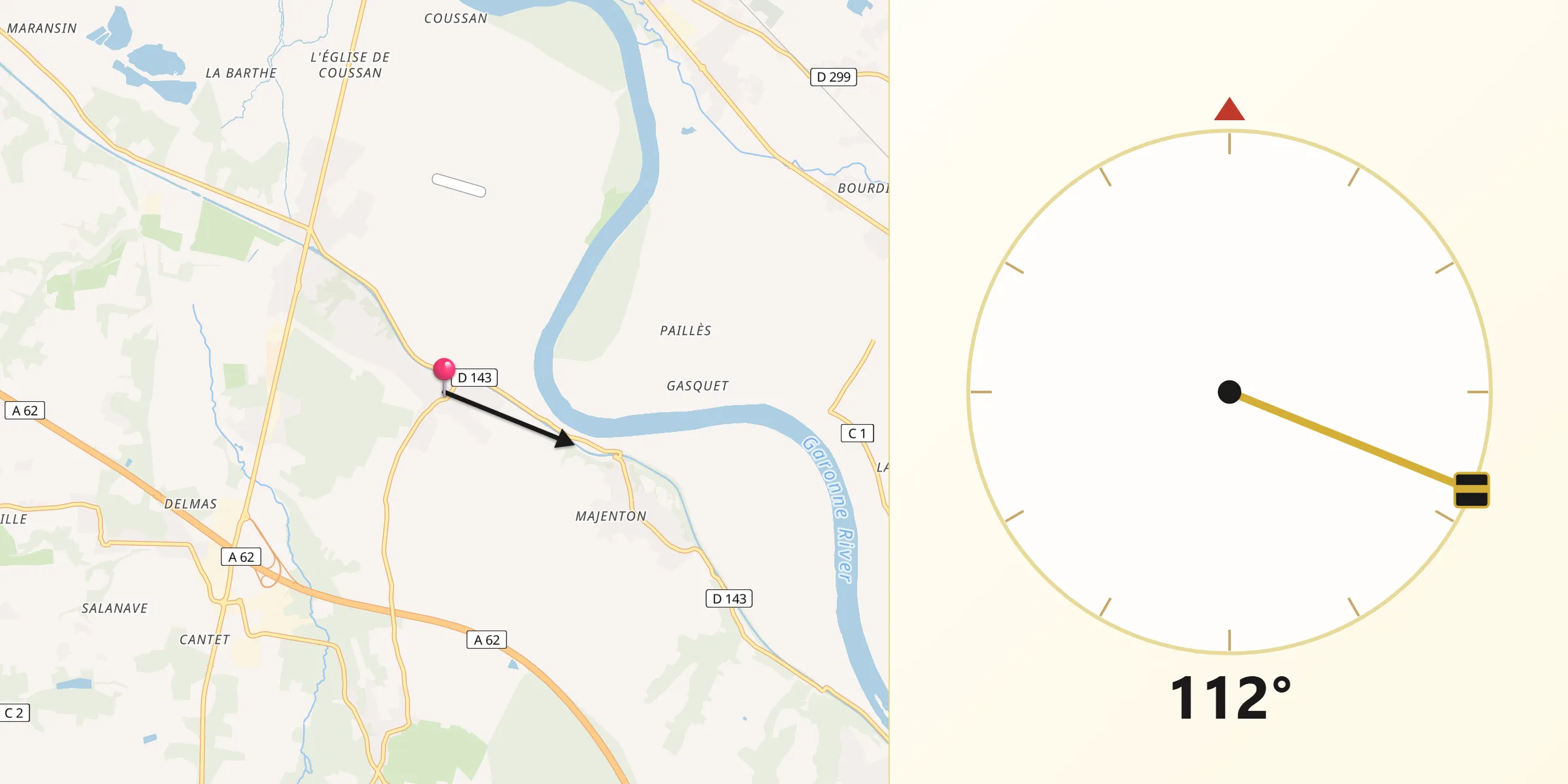 Direction vers la Qibla depuis Fourques-sur-Garonne