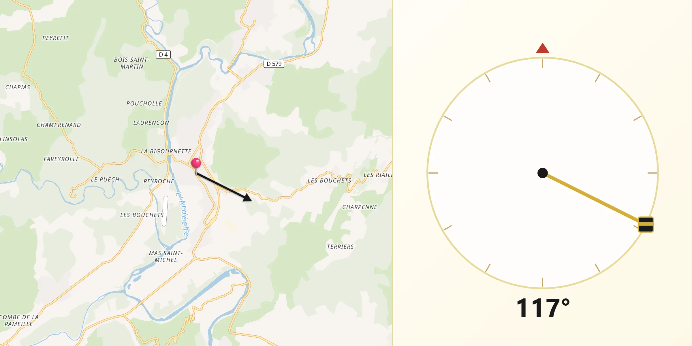 Direction vers la Qibla depuis Ruoms