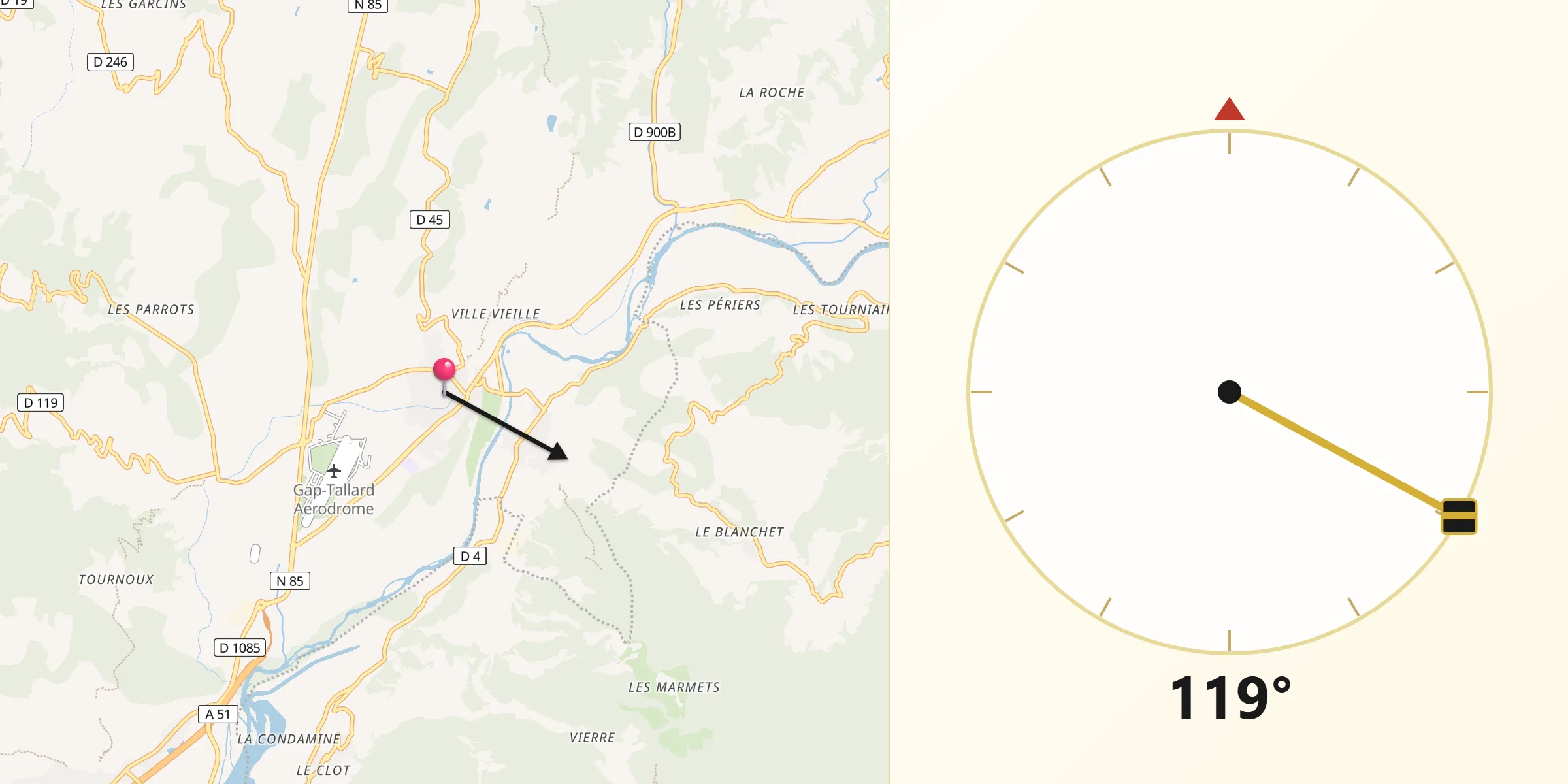 Direction vers la Qibla depuis Tallard