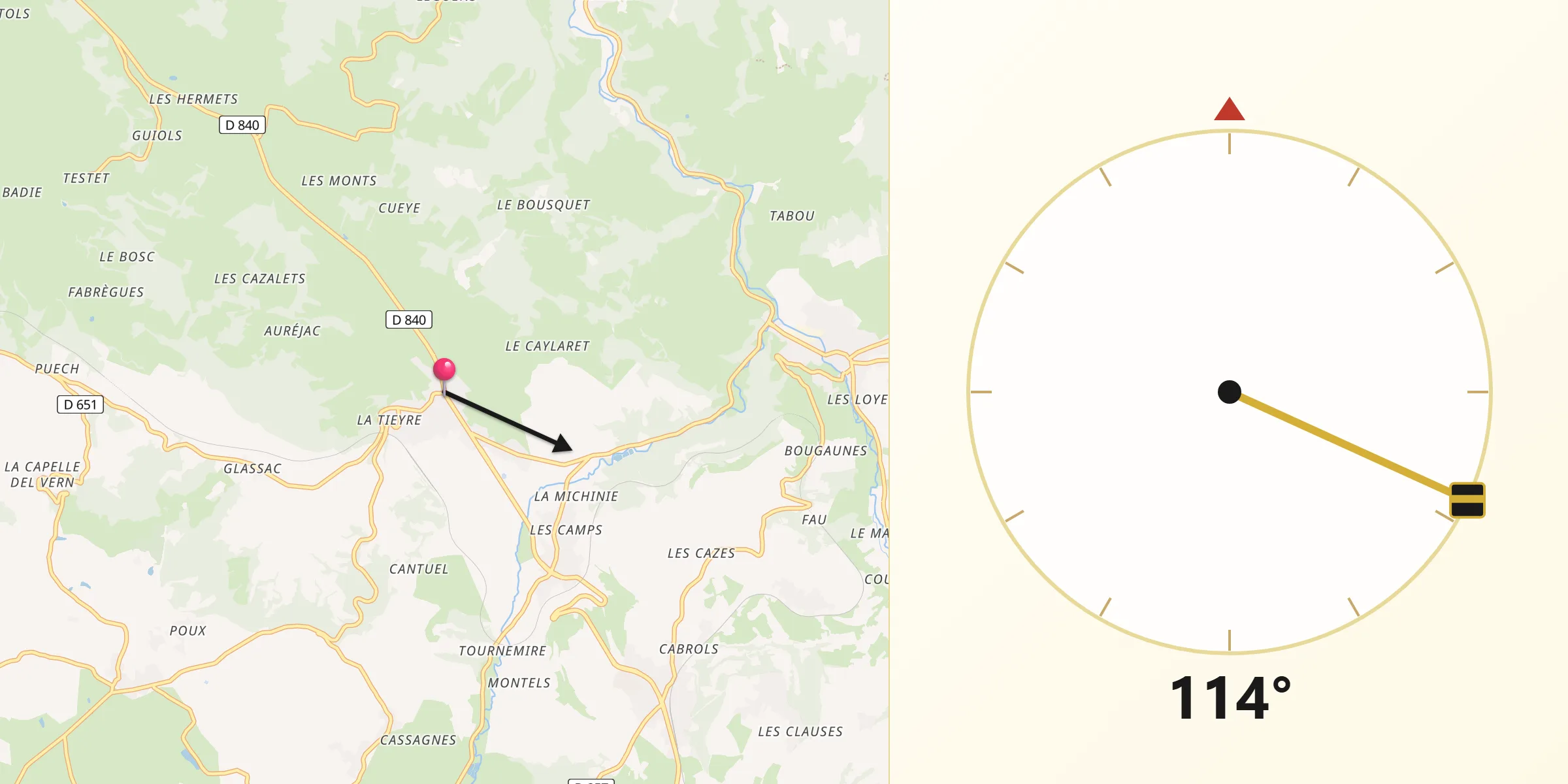 Direction vers la Qibla depuis Saint-Christophe-Vallon
