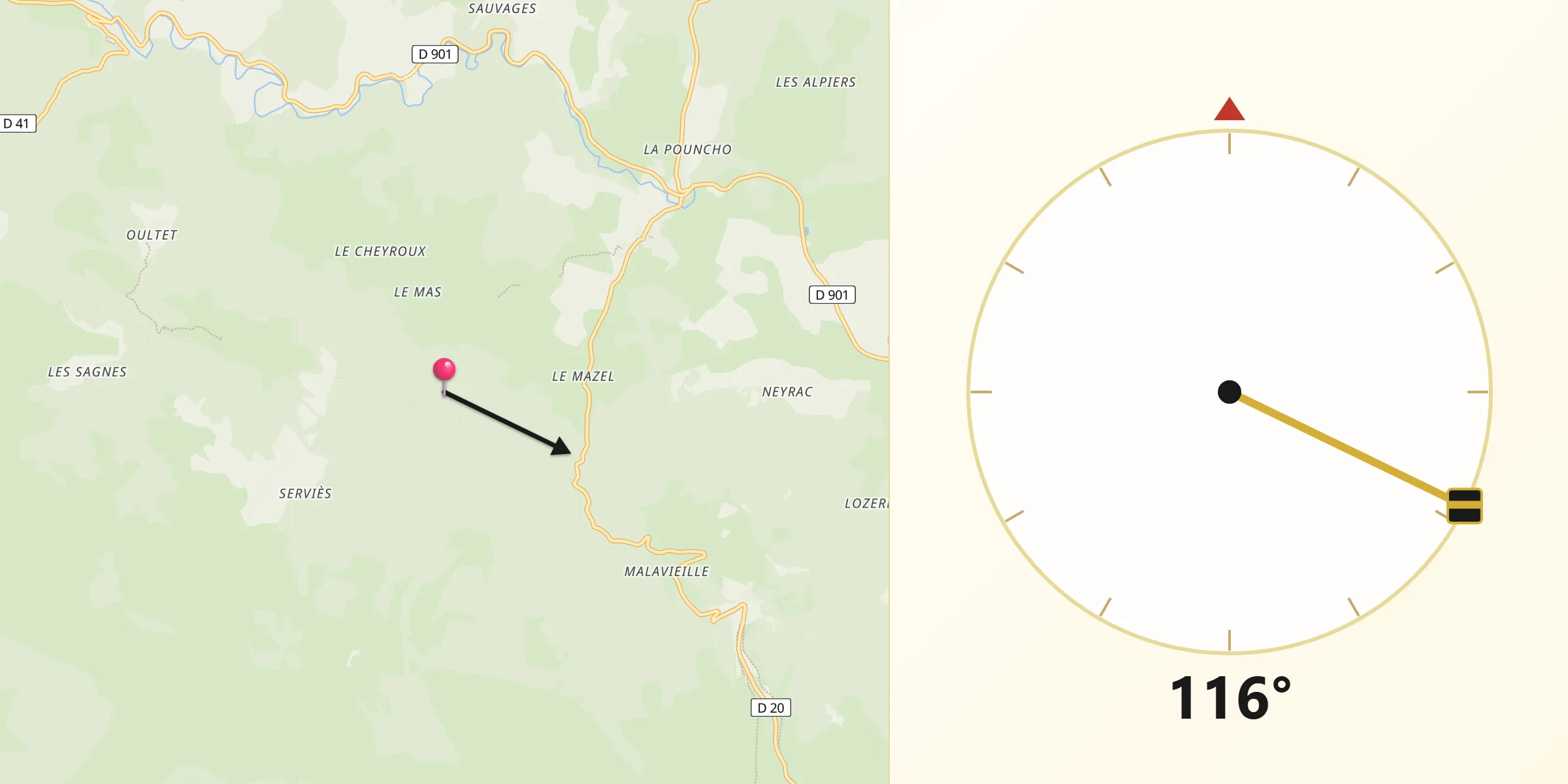 Direction vers la Qibla depuis Cubières