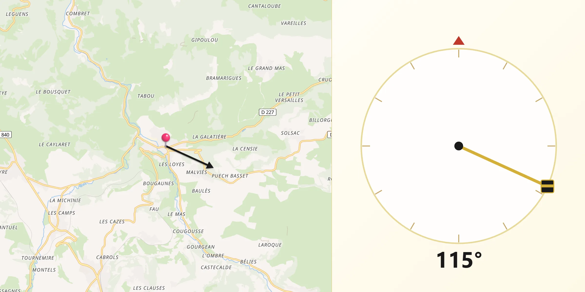 Direction vers la Qibla depuis Marcillac-Vallon
