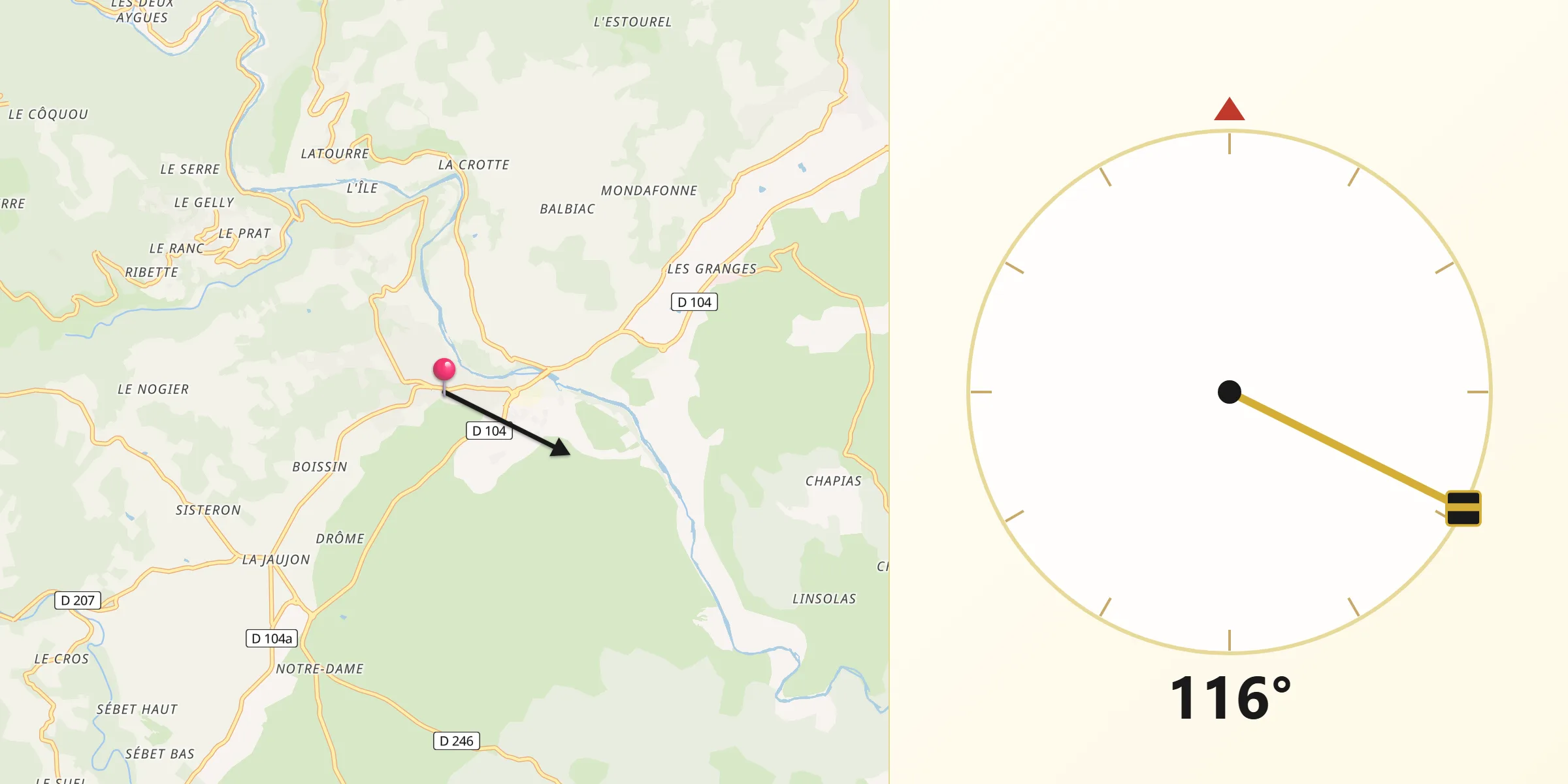Direction vers la Qibla depuis Joyeuse