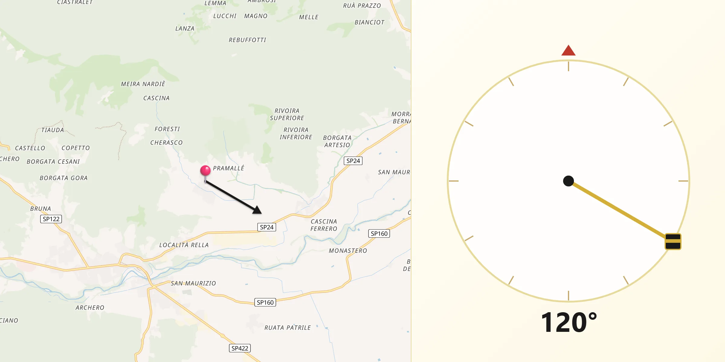 Direzione della Qibla da Villar San Costanzo