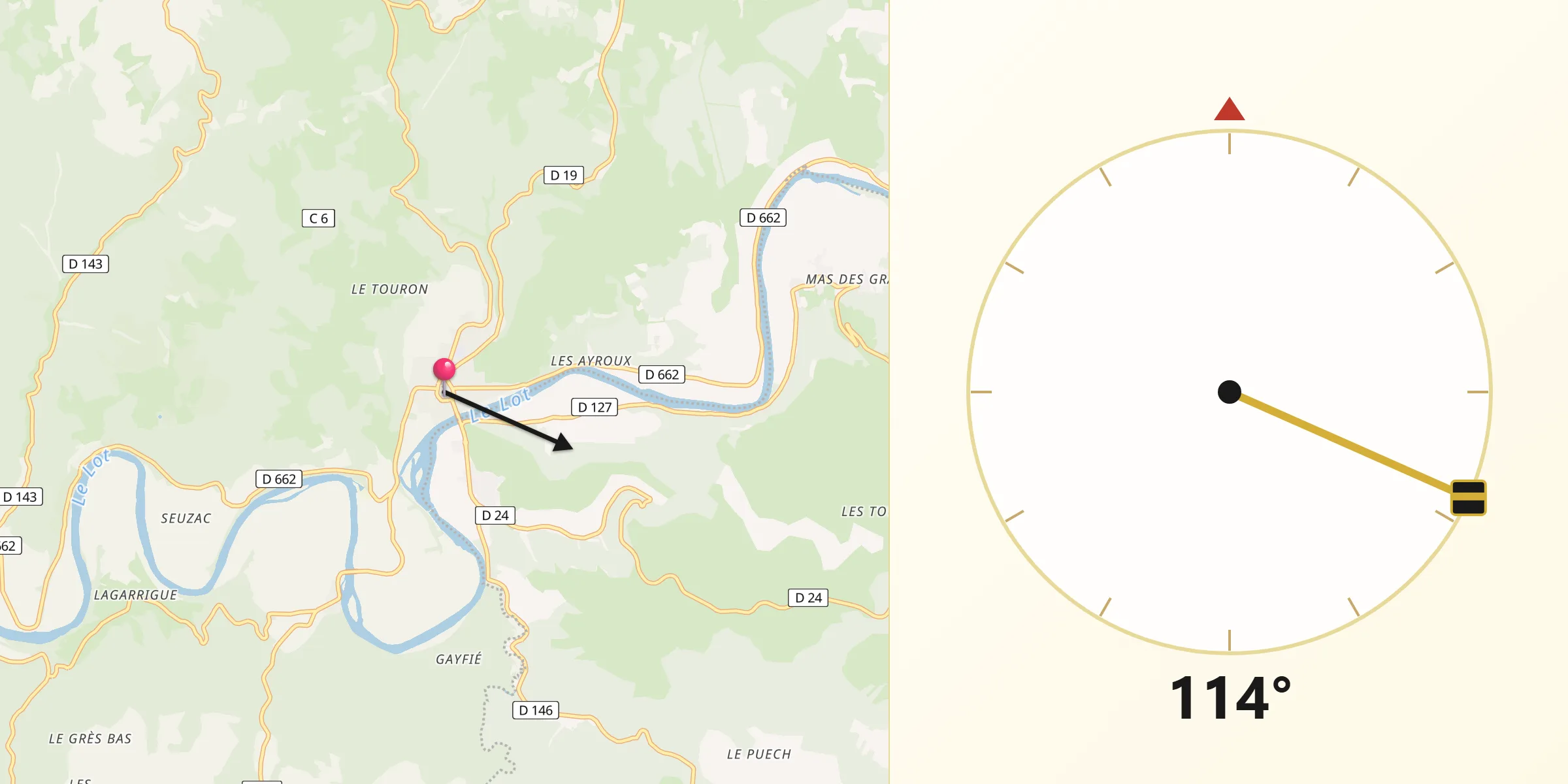 Direction vers la Qibla depuis Cajarc