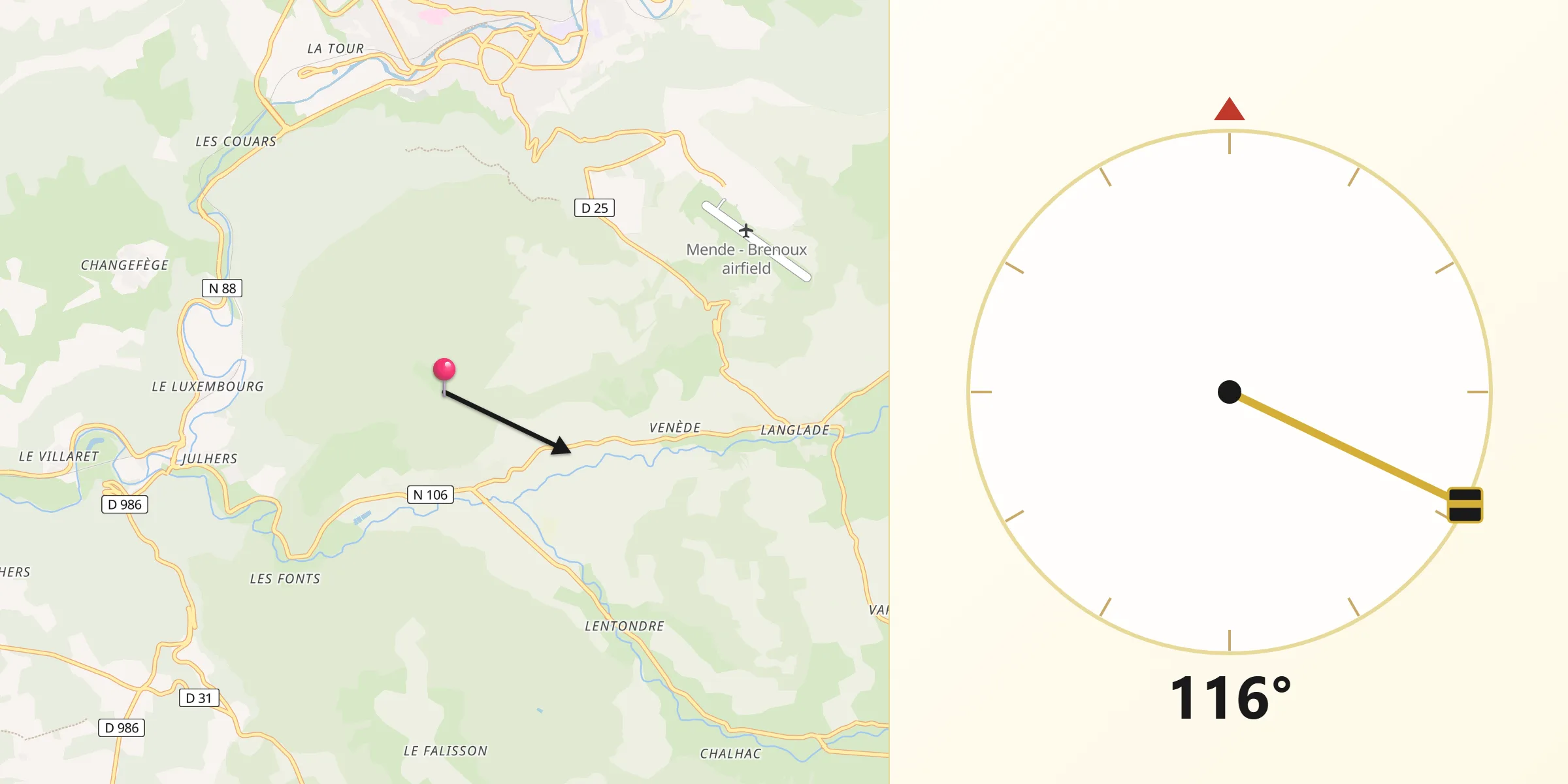 Direction vers la Qibla depuis Brenoux