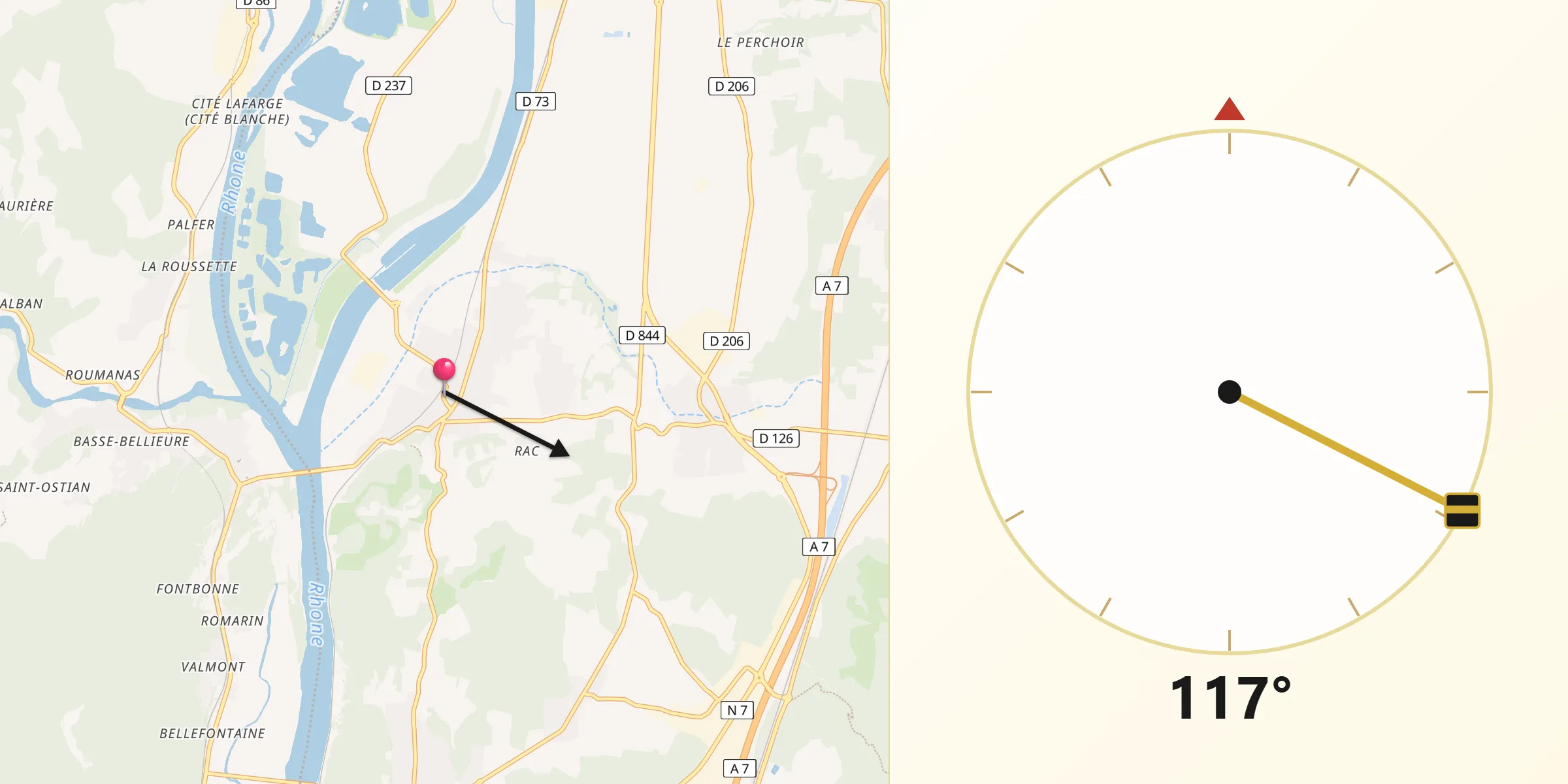 Direction vers la Qibla depuis Châteauneuf-du-Rhône
