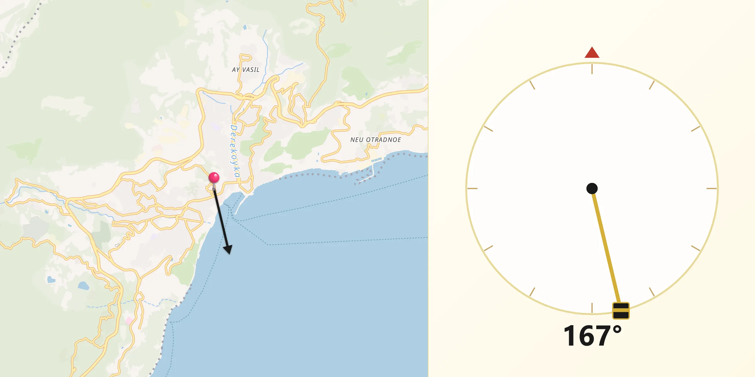 Направление Киблы из Gorodskoy okrug Yalta