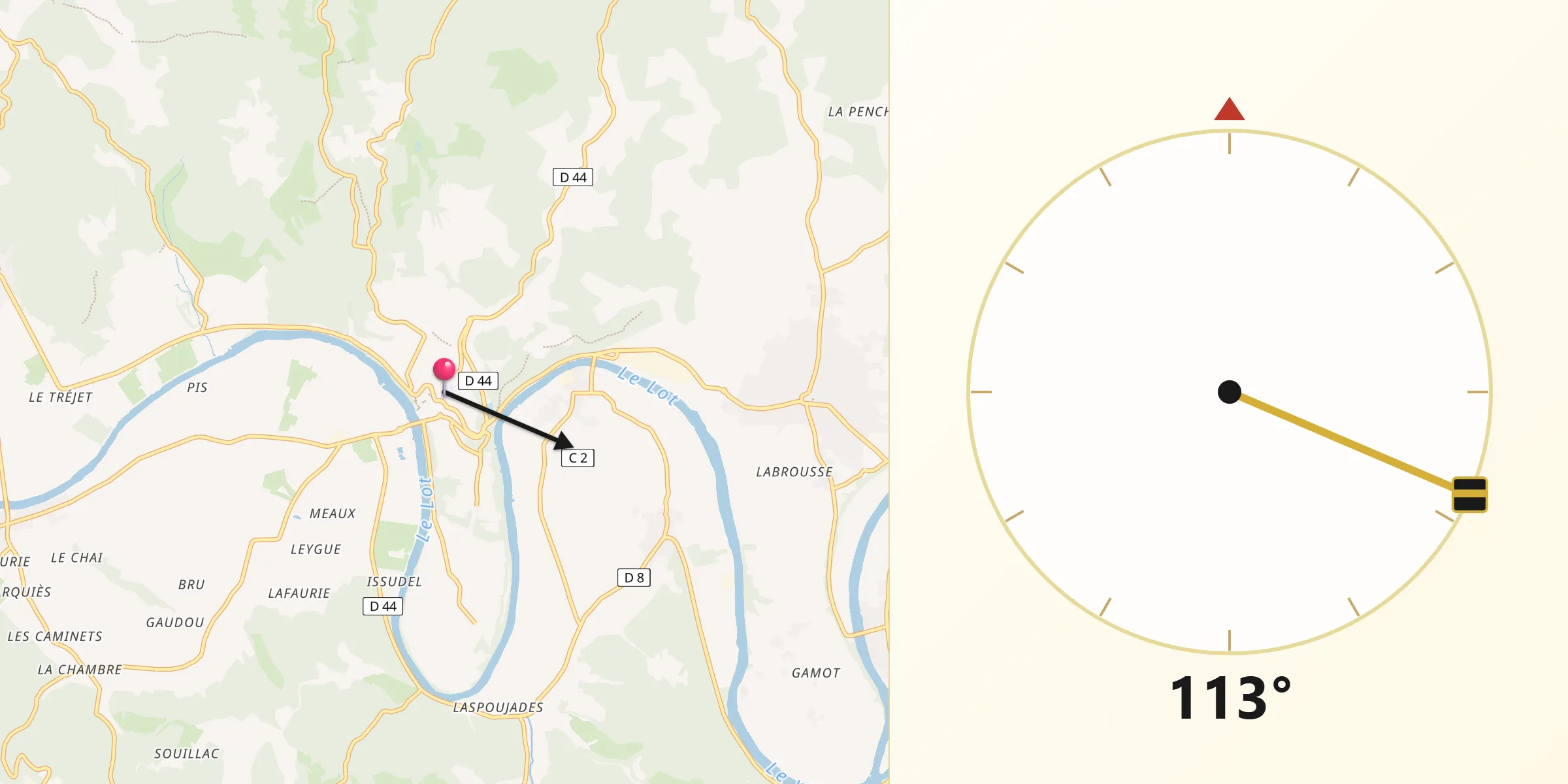 Direction vers la Qibla depuis Puy-l’Évêque