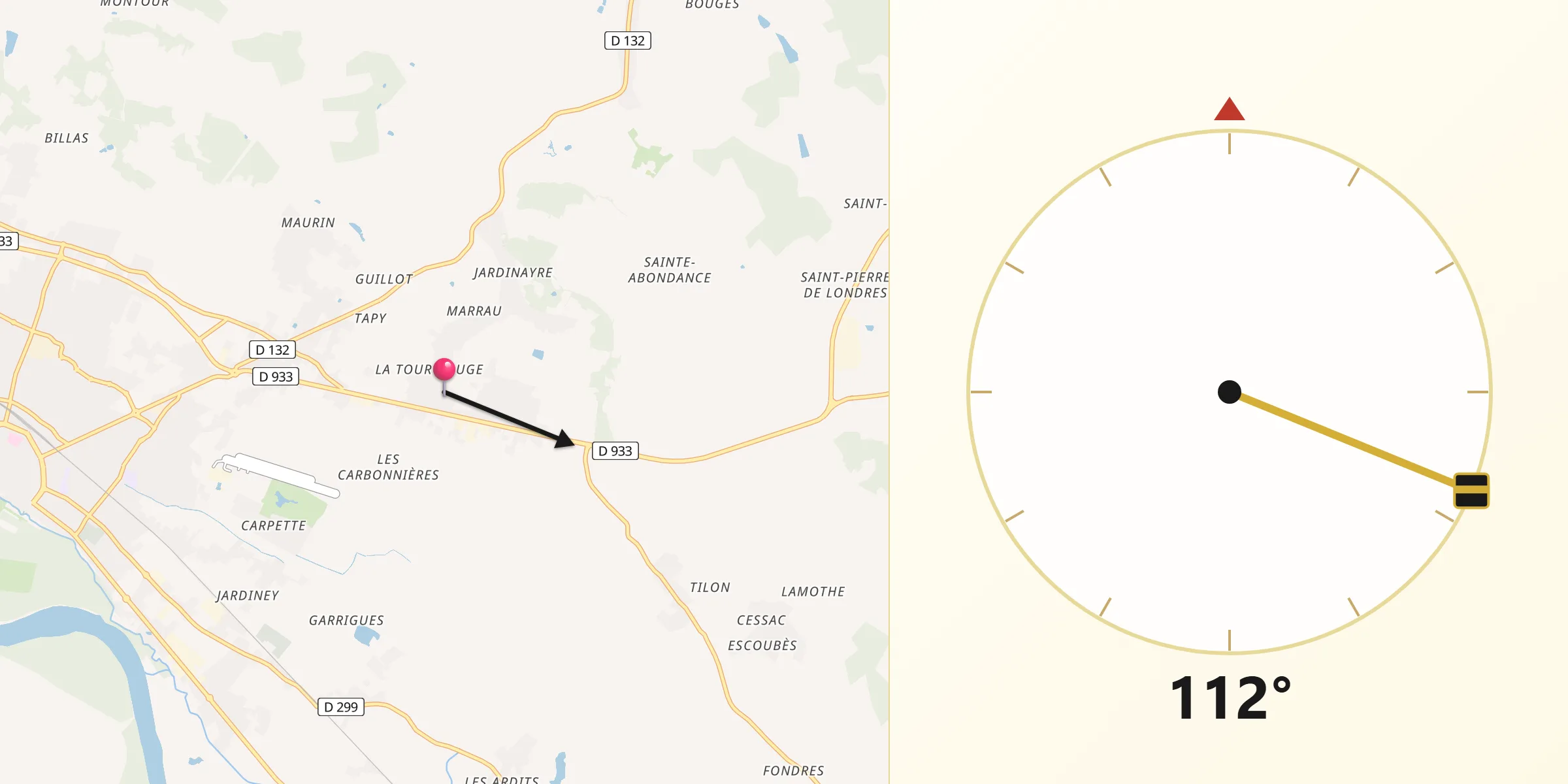 Direction vers la Qibla depuis Virazeil