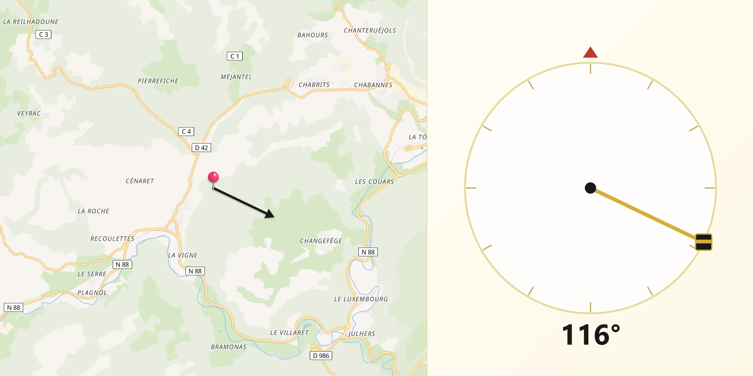 Direction vers la Qibla depuis Mont Lozère et Goulet