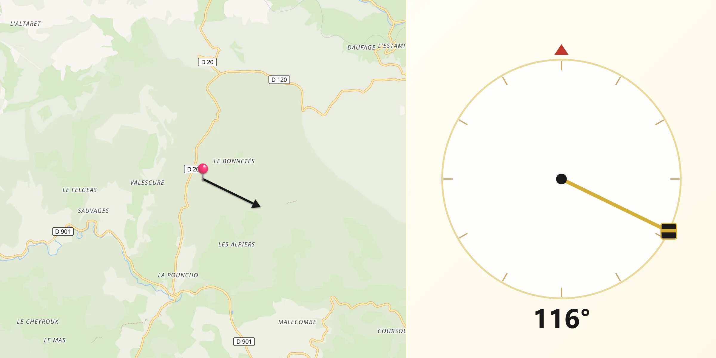 Direction vers la Qibla depuis Prévenchères