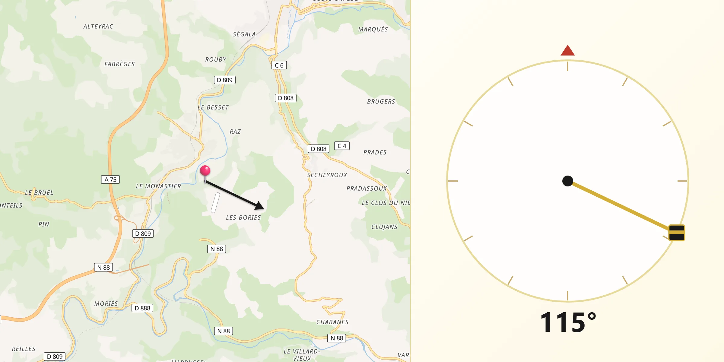 Direction vers la Qibla depuis Palhers