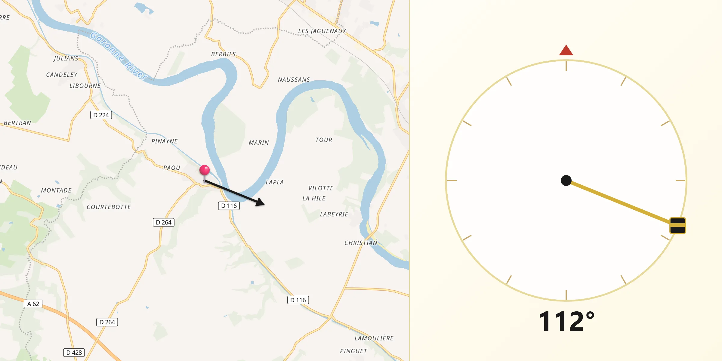 Direction vers la Qibla depuis Meilhan-sur-Garonne