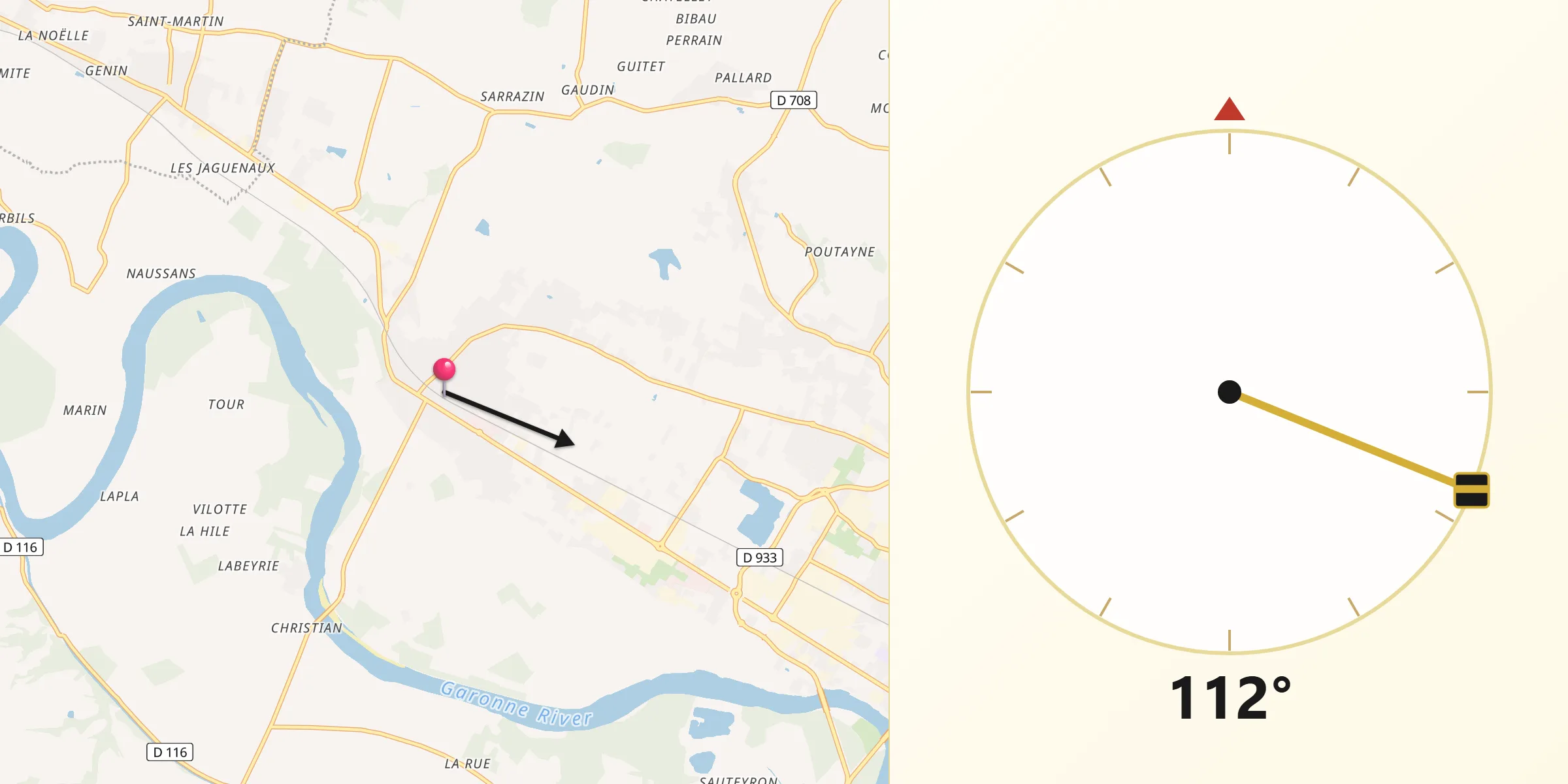 Direction vers la Qibla depuis Sainte-Bazeille