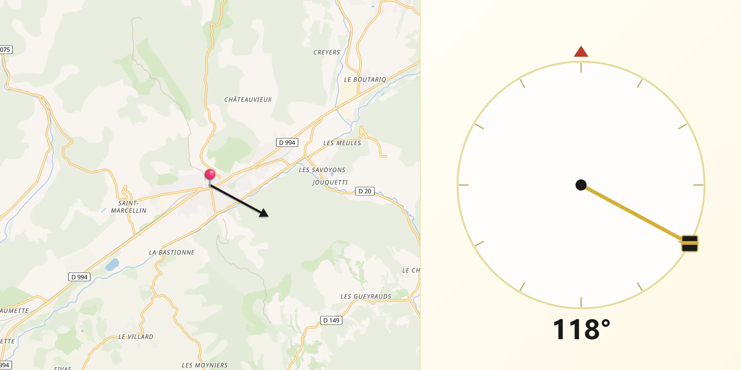 Direction vers la Qibla depuis Veynes