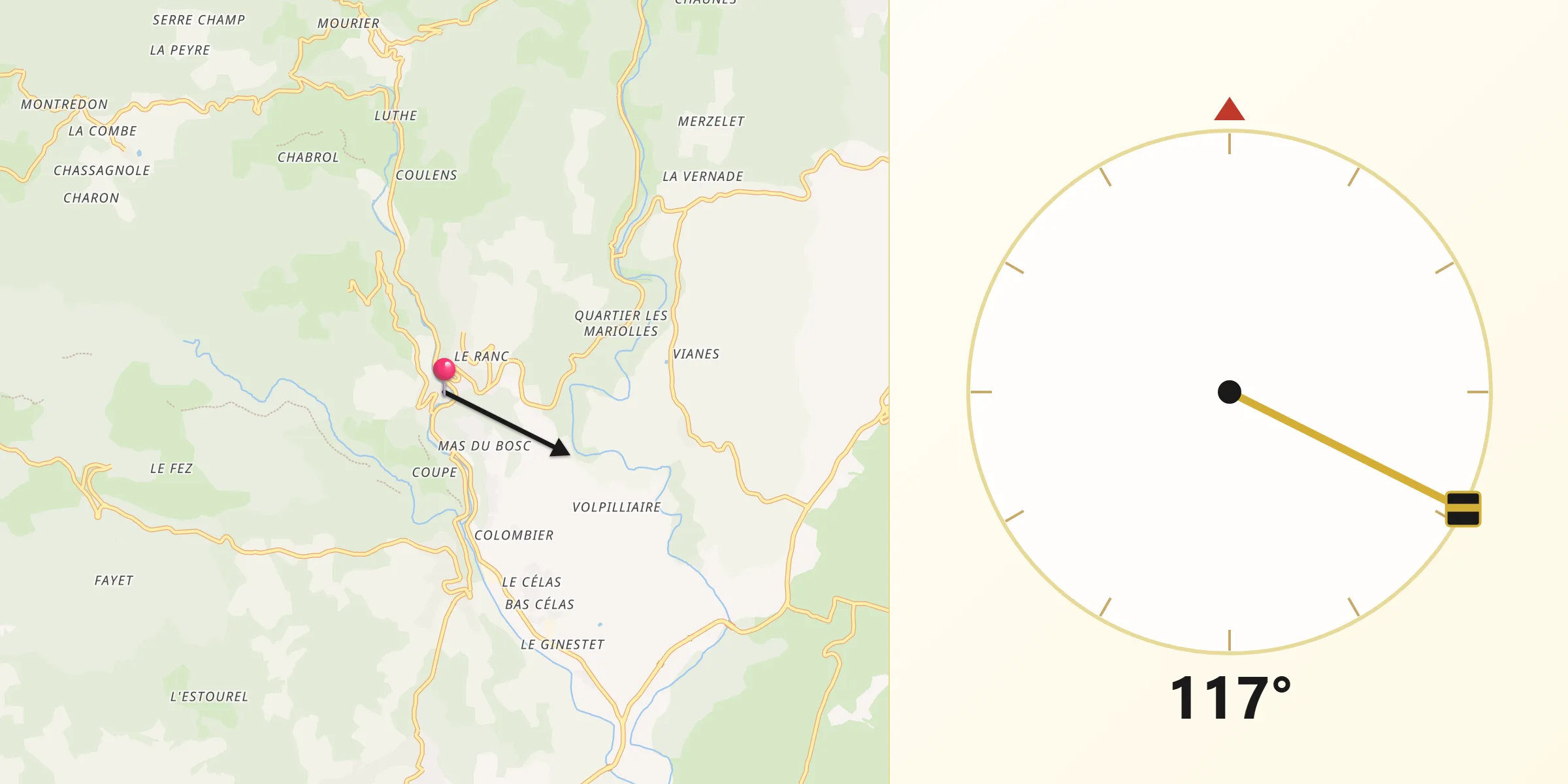 Direction vers la Qibla depuis Largentière