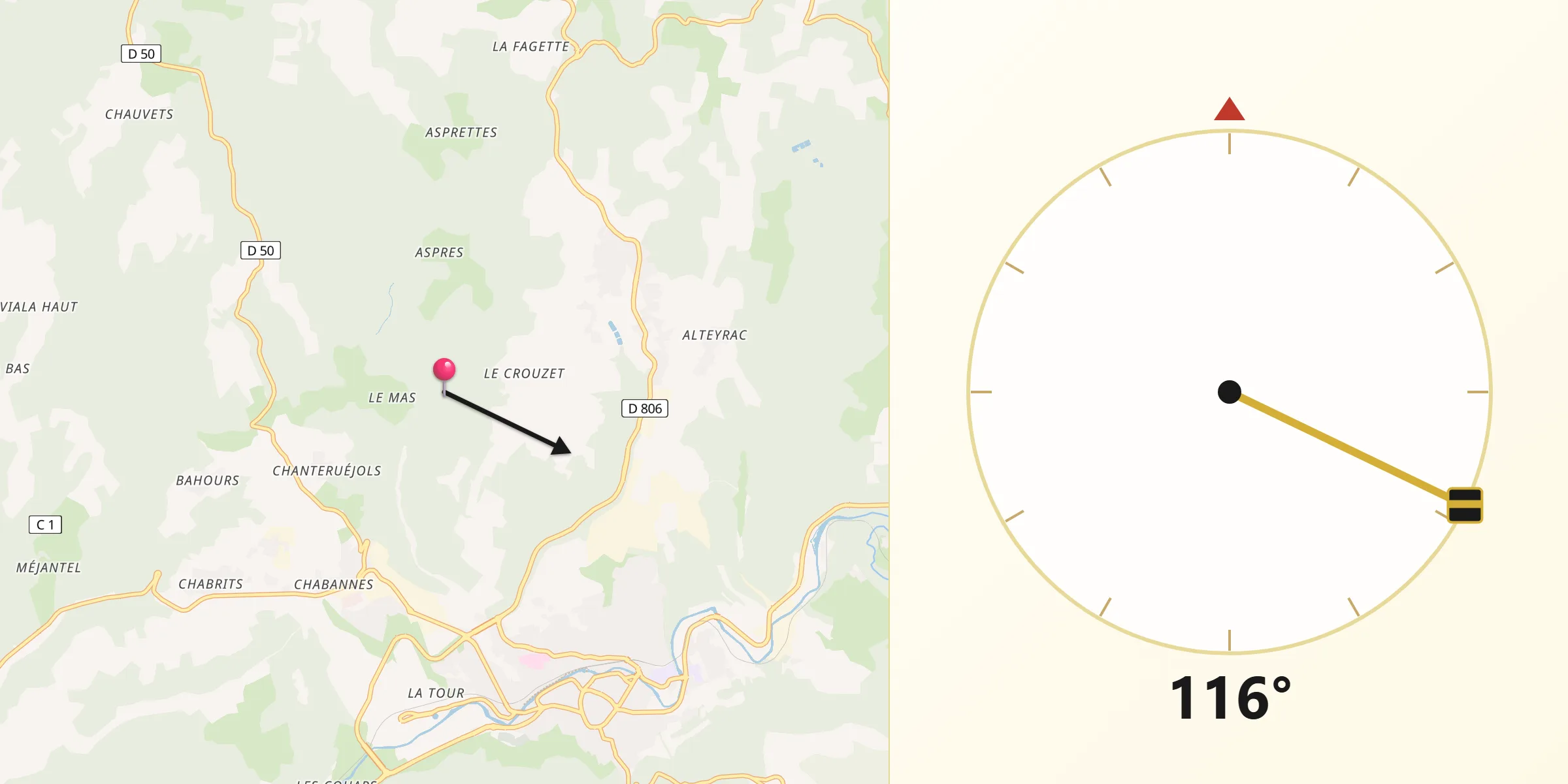 Direction vers la Qibla depuis Badaroux