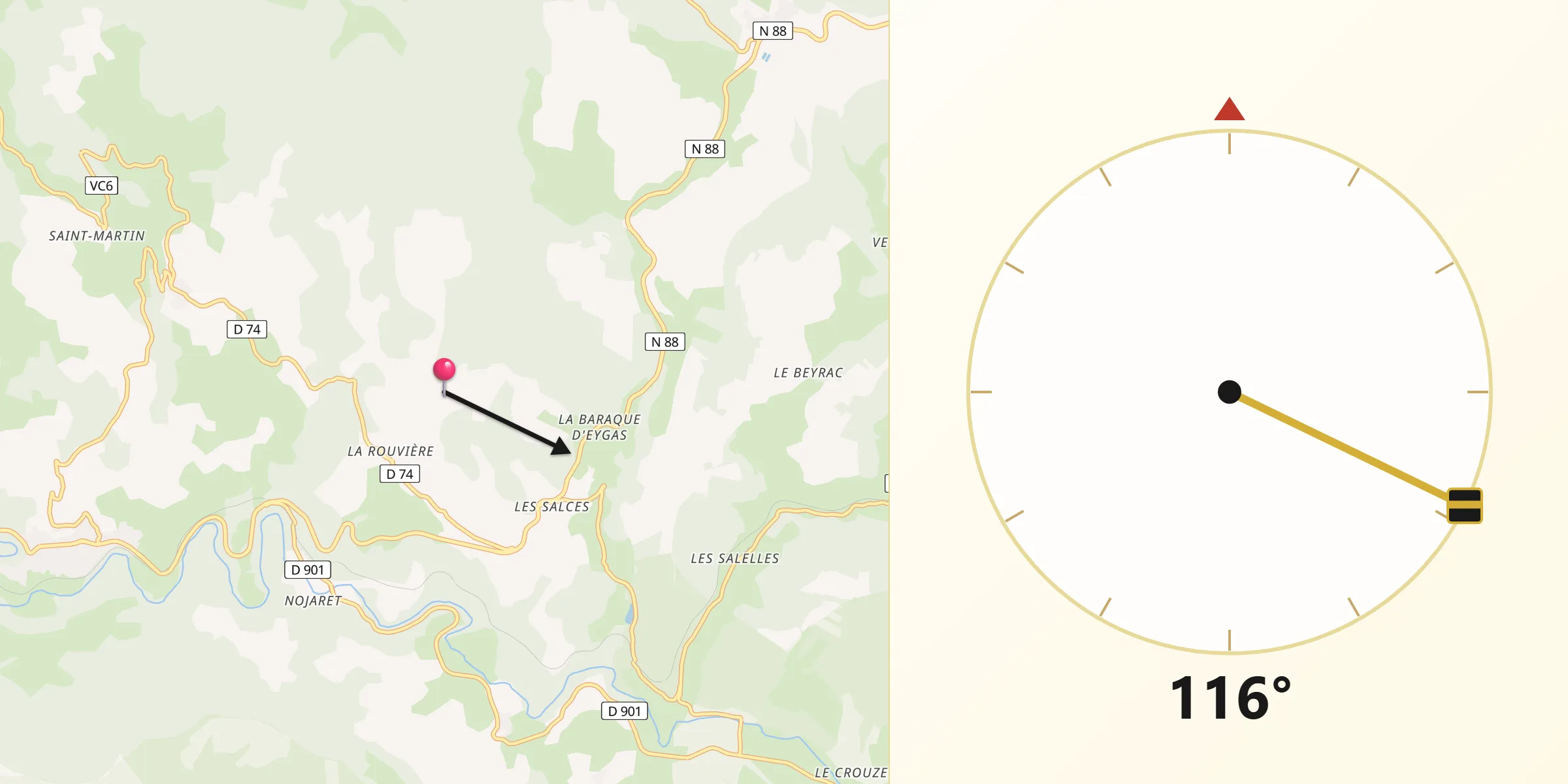 Direction vers la Qibla depuis Allenc