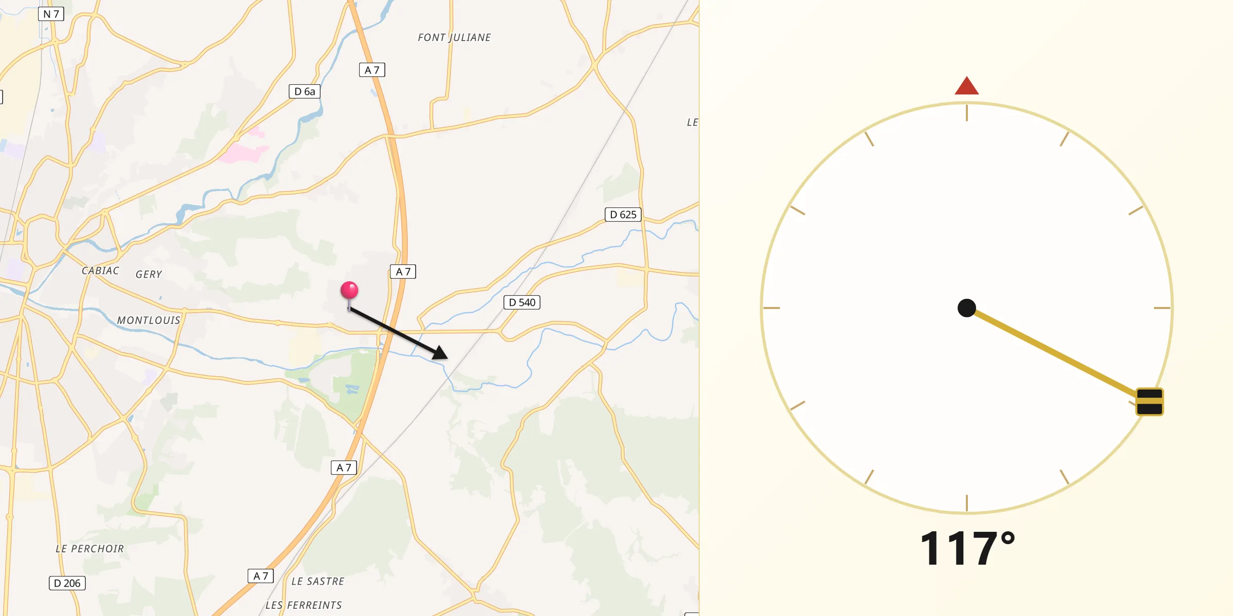 Direction vers la Qibla depuis Montboucher-sur-Jabron