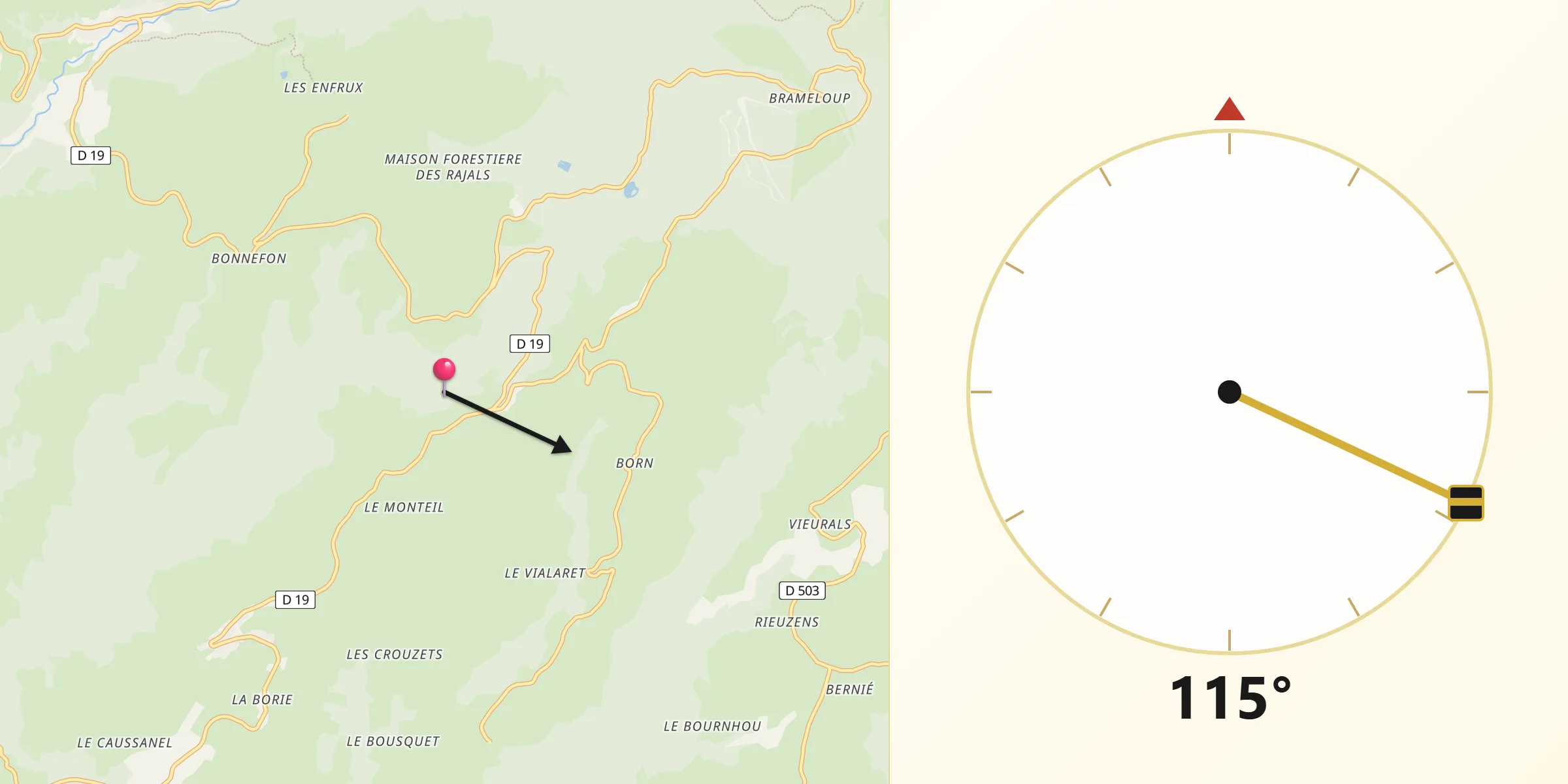 Direction vers la Qibla depuis Les Salces
