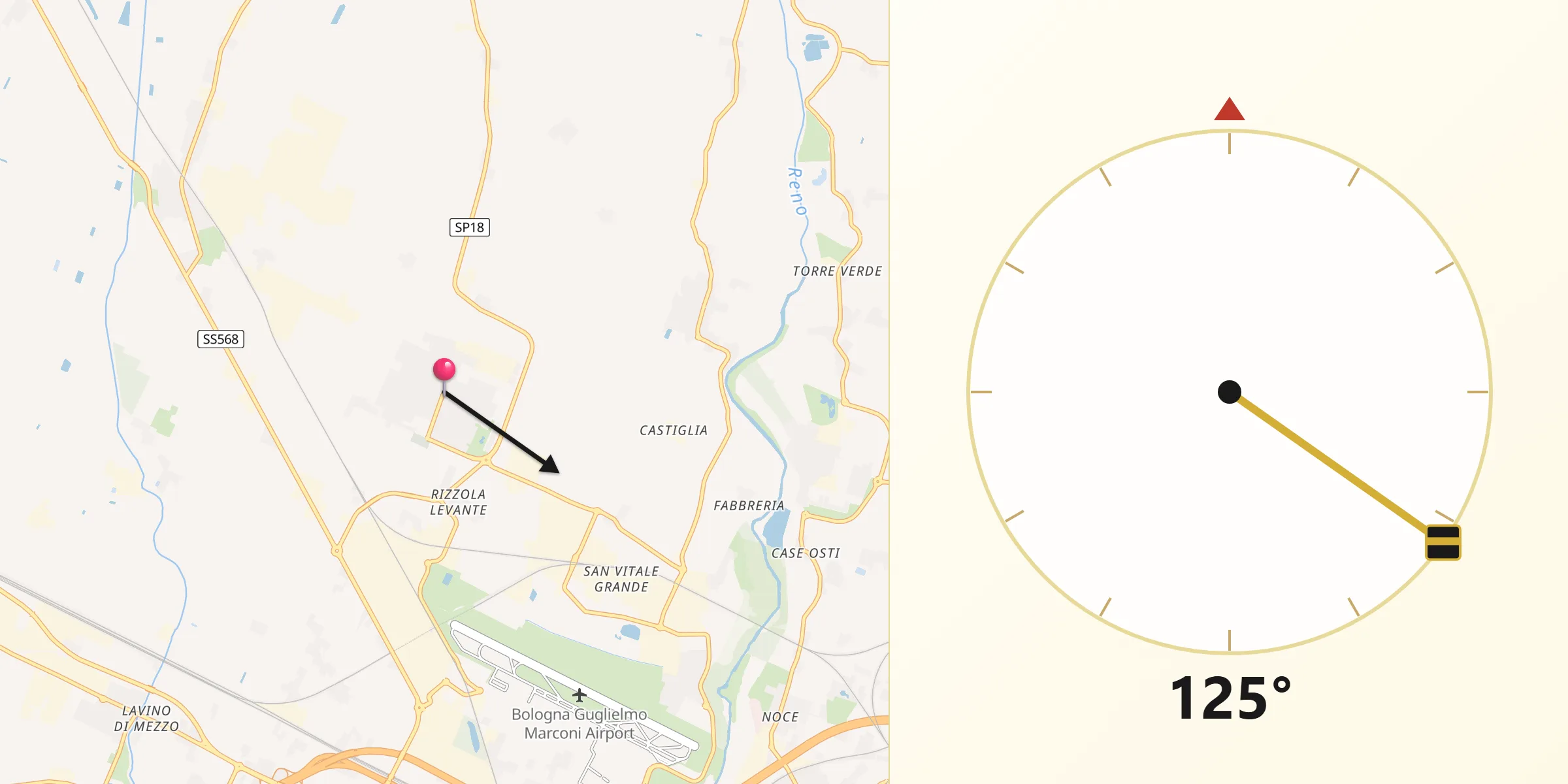 Direzione della Qibla da Calderara di Reno