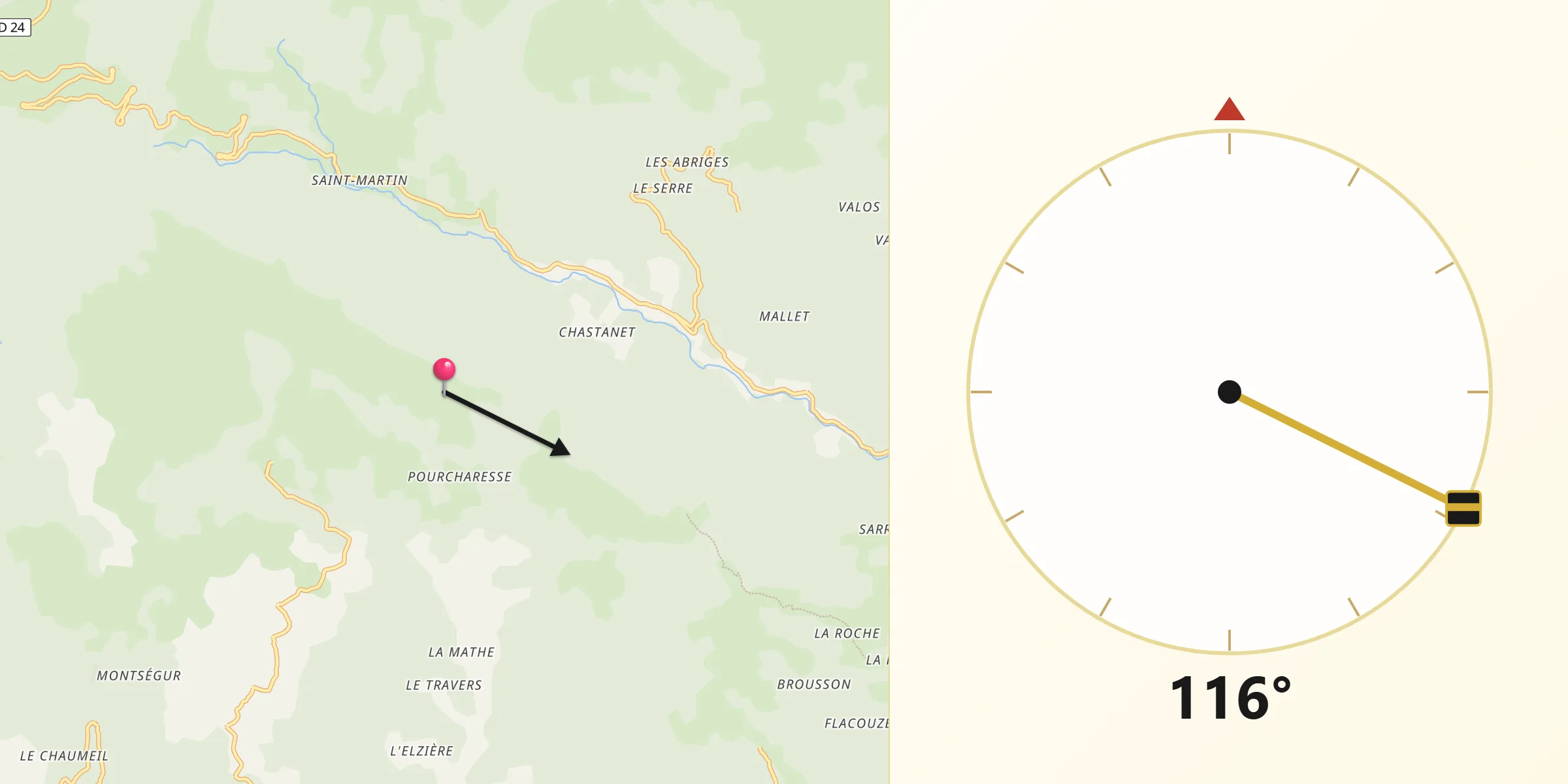 Direction vers la Qibla depuis Rocles