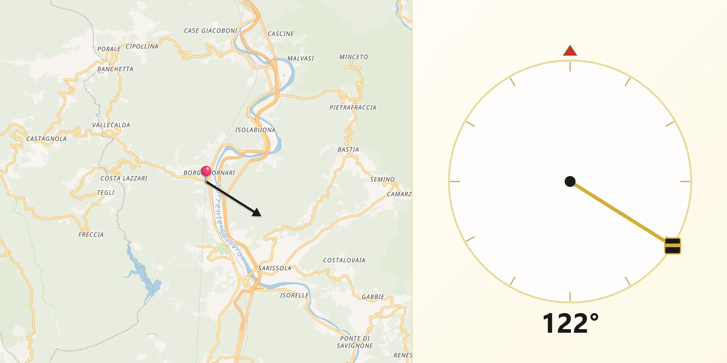 Direzione della Qibla da Borgo Fornari-Pieve