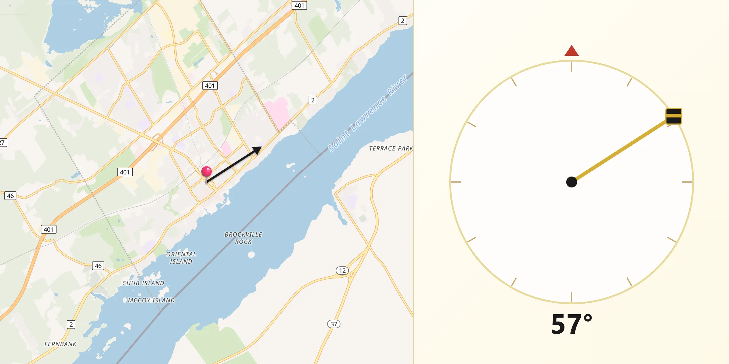 Qibla Direction from Brockville