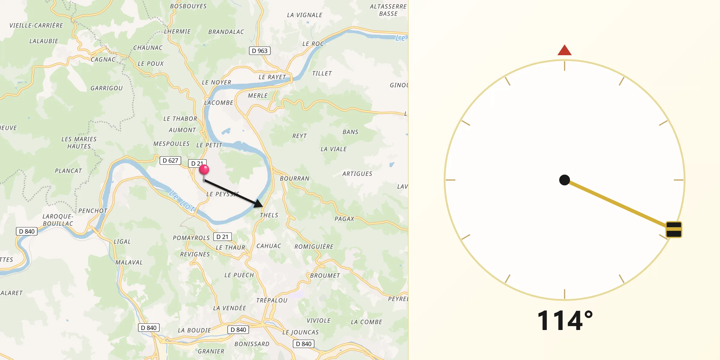 Direction vers la Qibla depuis Livinhac-le-Haut