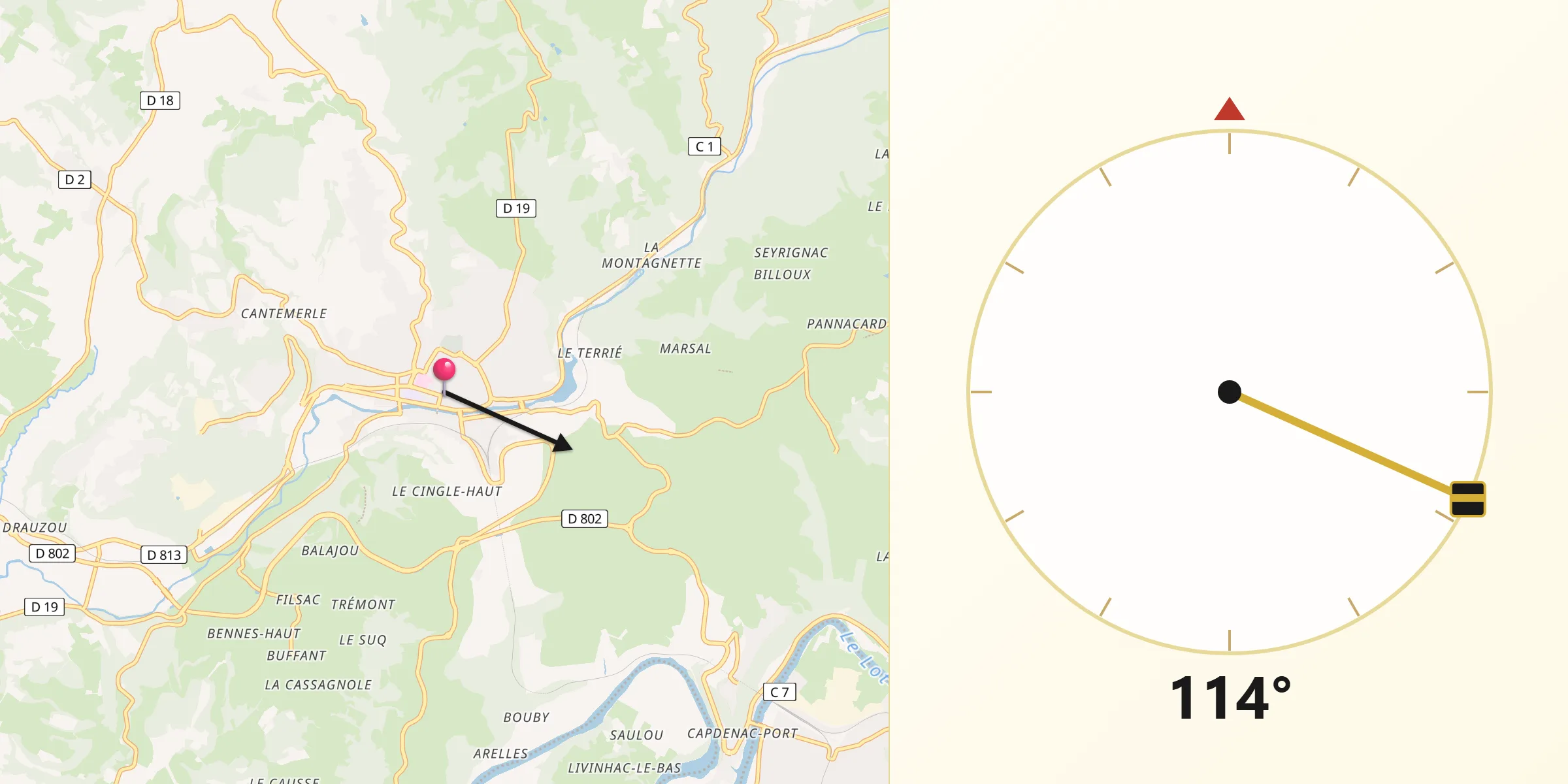Direction vers la Qibla depuis Figeac