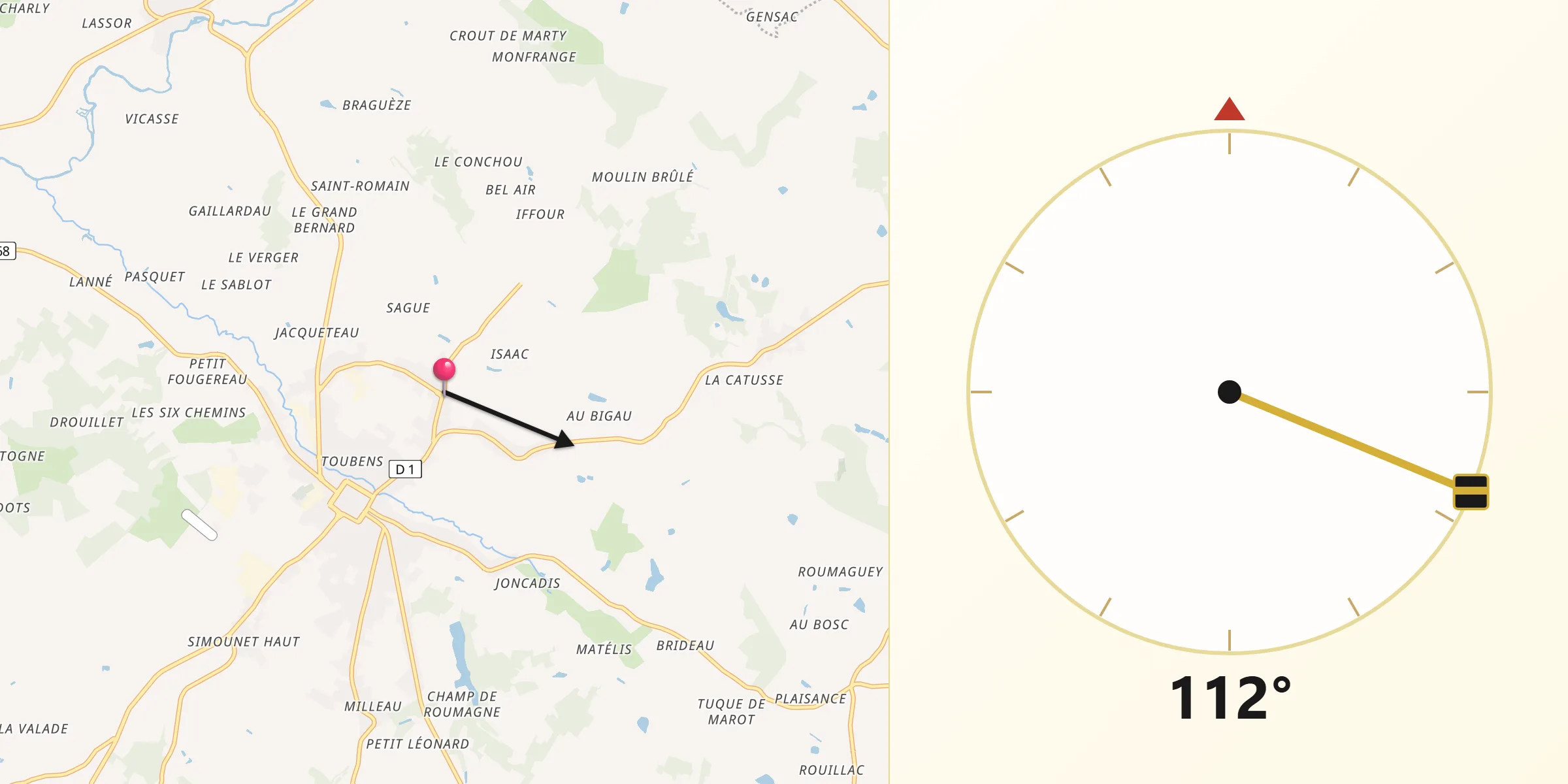 Direction vers la Qibla depuis Saint-Pardoux-Isaac
