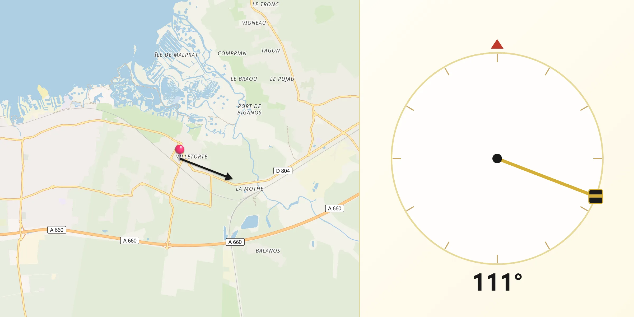 Direction vers la Qibla depuis Le Teich