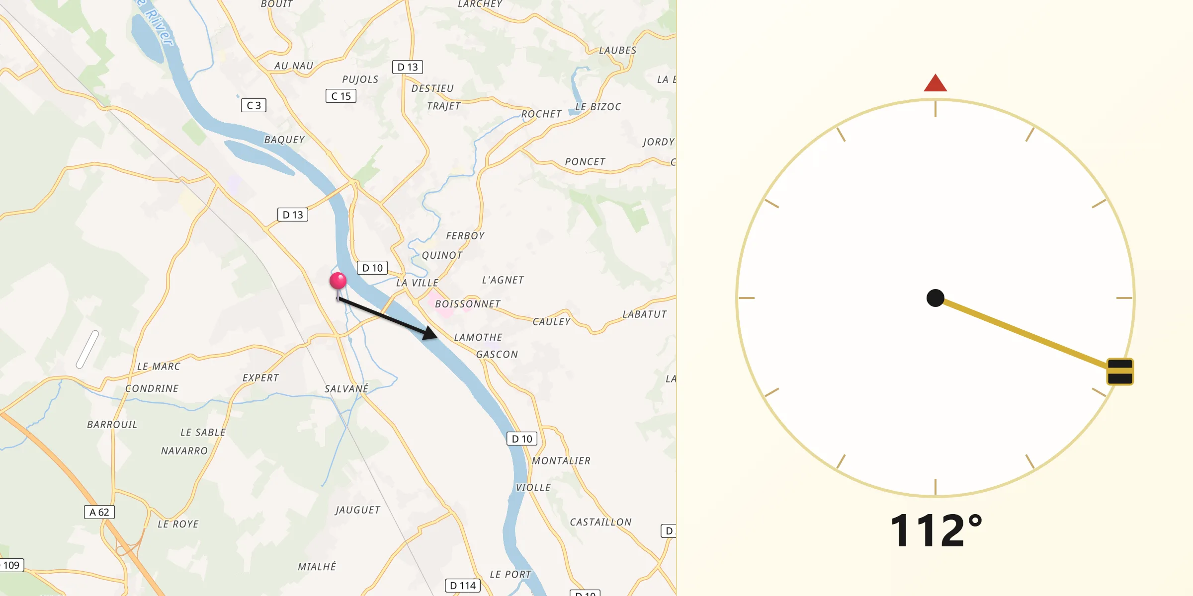Direction vers la Qibla depuis Cérons
